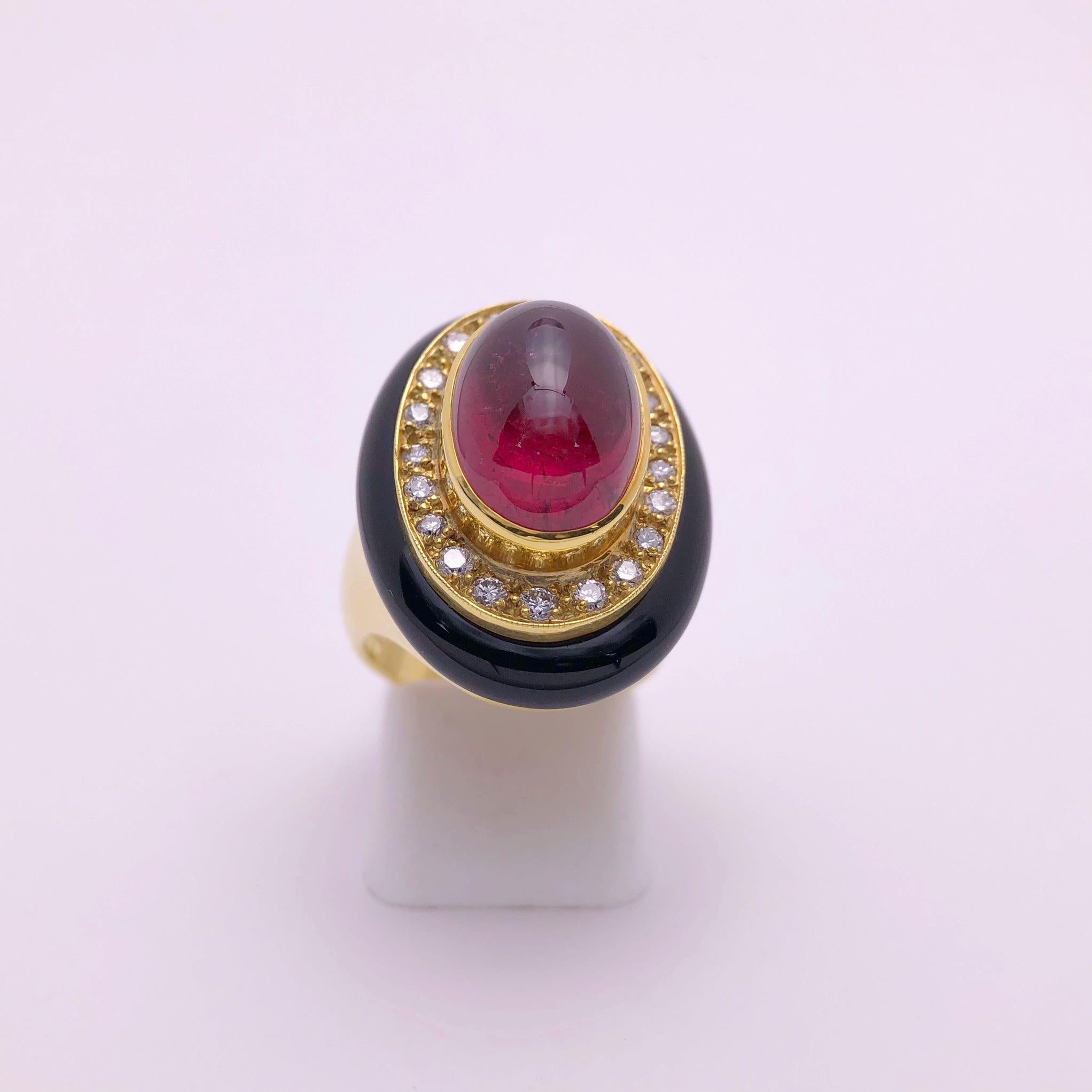 Lagos 18 Karat Gold Vintage Rosa Turmalin-Ring mit Diamanten und schwarzem Onyx (Ovalschliff) im Angebot
