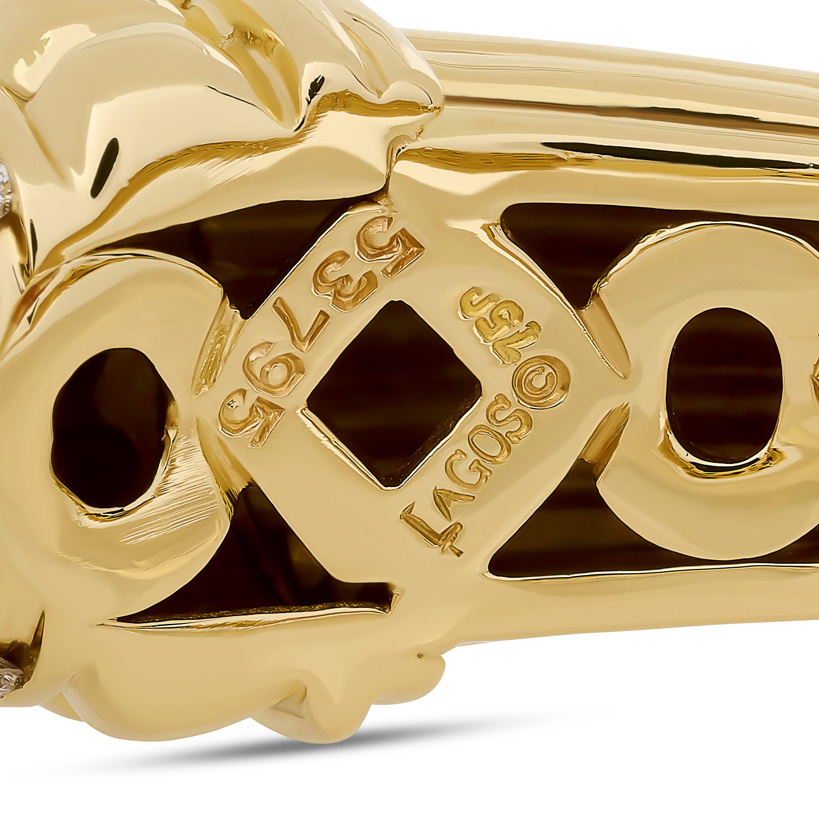 Lagos 18 Karat Yellow Gold Caviar Diamond and Onyx Open Cuff Bracelet In Excellent Condition For Sale In Philadelphia, PA