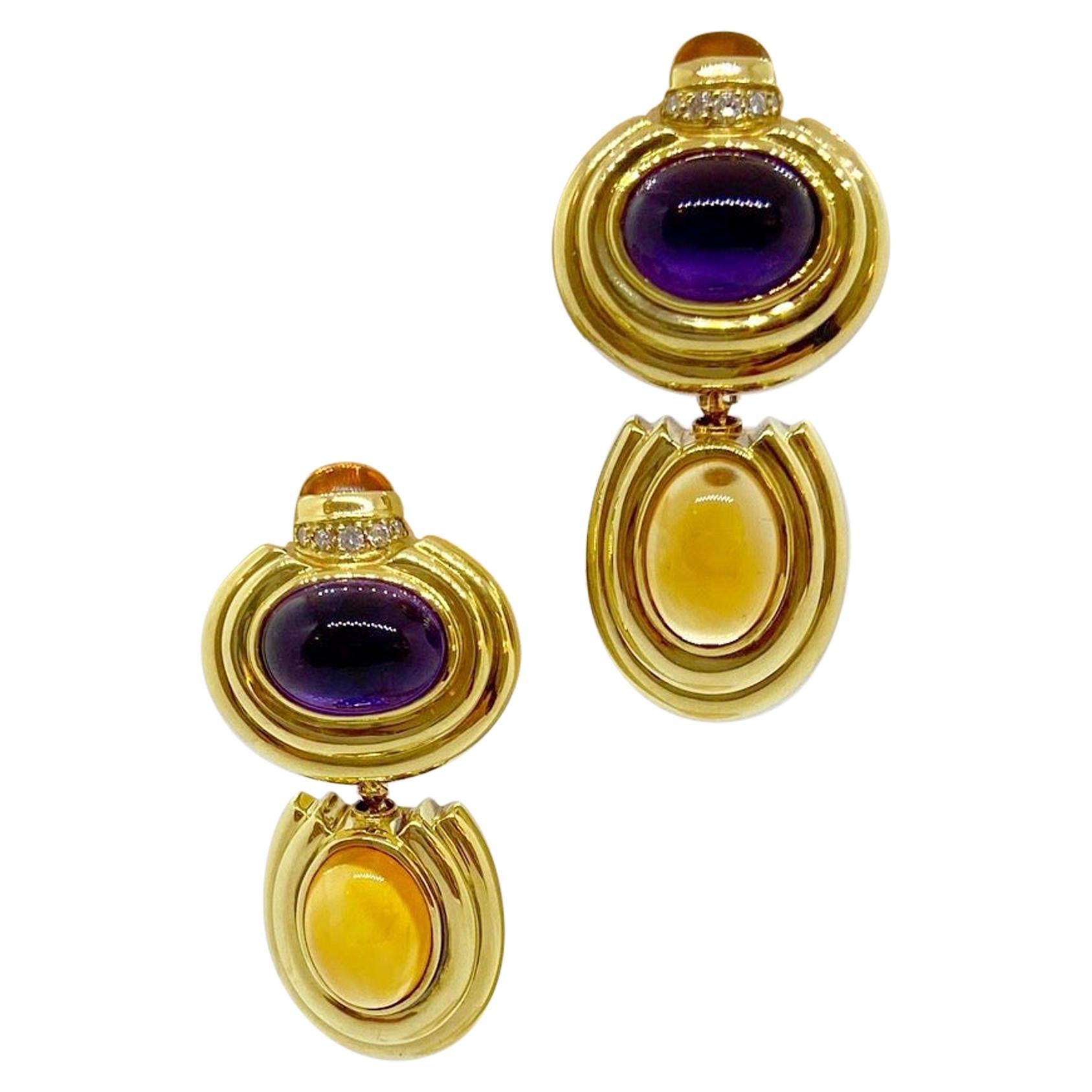 Lagos 18 Karat Yellow Gold Ear Clips with Cabochon Amethyst and Citrine For Sale