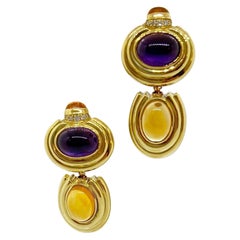 Vintage Lagos 18 Karat Yellow Gold Ear Clips with Cabochon Amethyst and Citrine