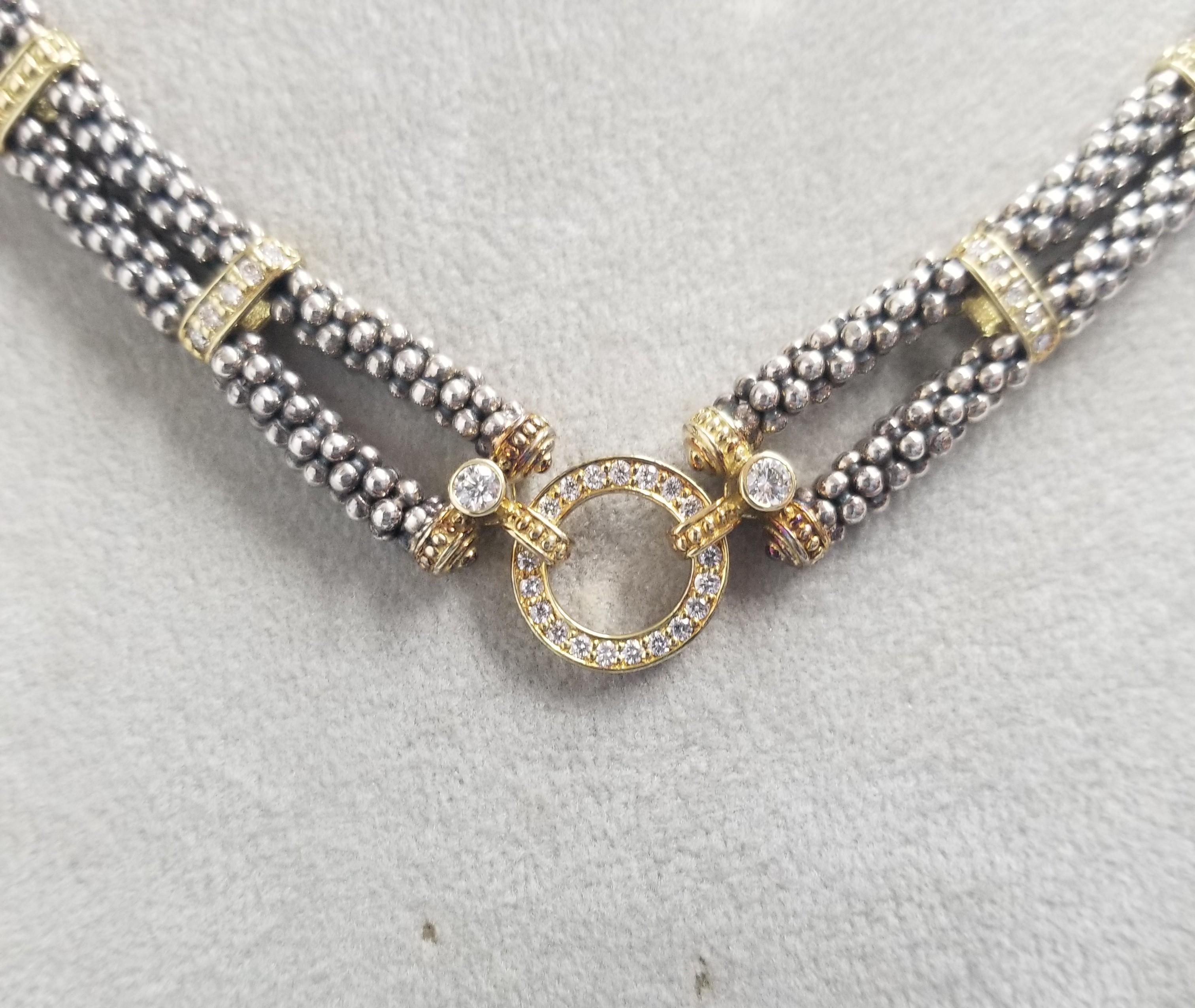 Taglio rotondo Collana a doppio filo con diamanti in oro giallo e argento Sterling Lagos 18 carati in vendita