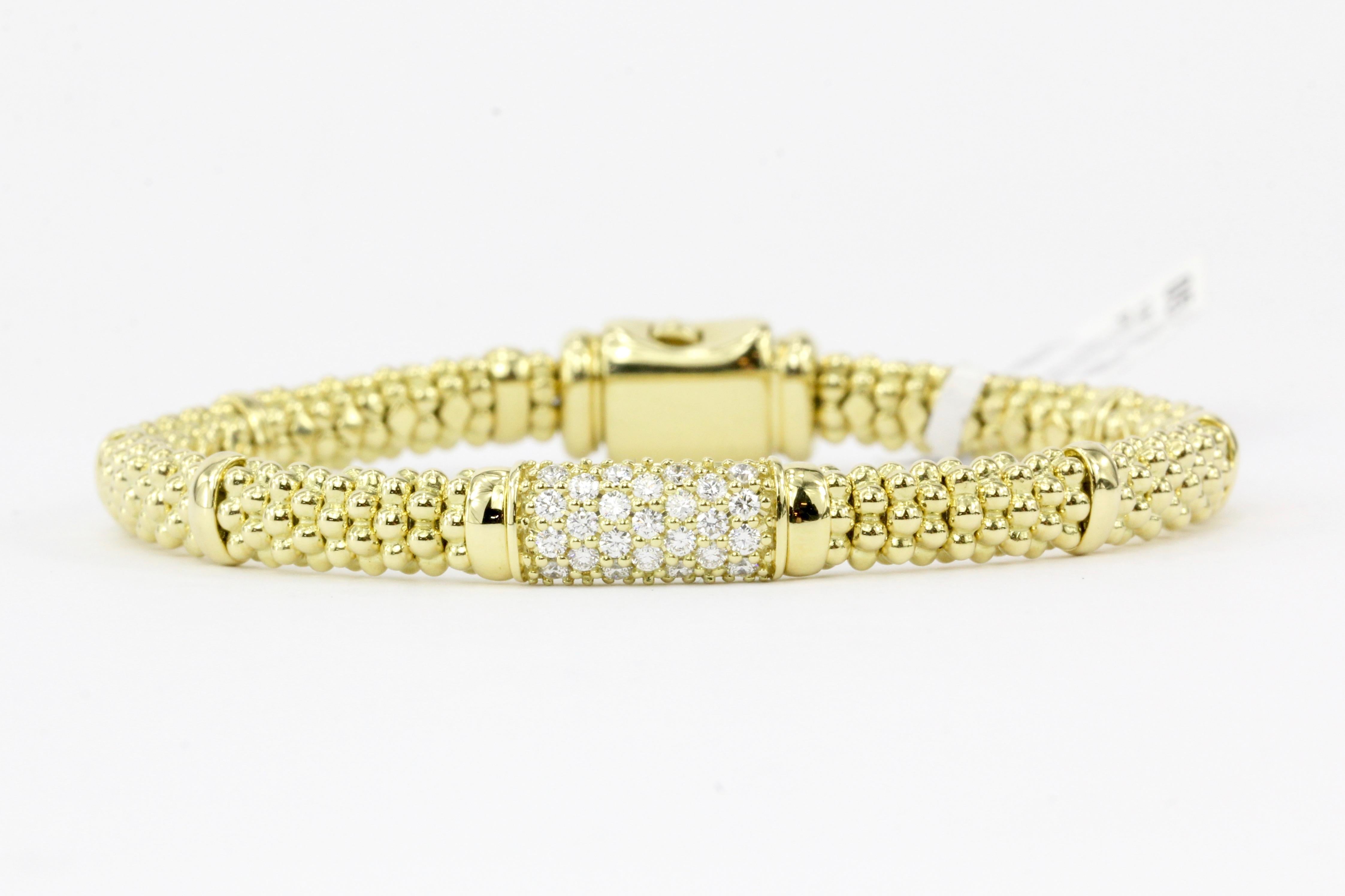 Era: Modern

Hallmarks: LAGOS, 750, Caviar

Composition: 18K Yellow Gold

Primary Stone: Diamonds

Total Diamond Weight: .55 carats

Bracelet length: 6.75 inches

Bracelet width: 9.58mm

Bracelet Weight: 31.3 grams 

Bracelet Condition: New