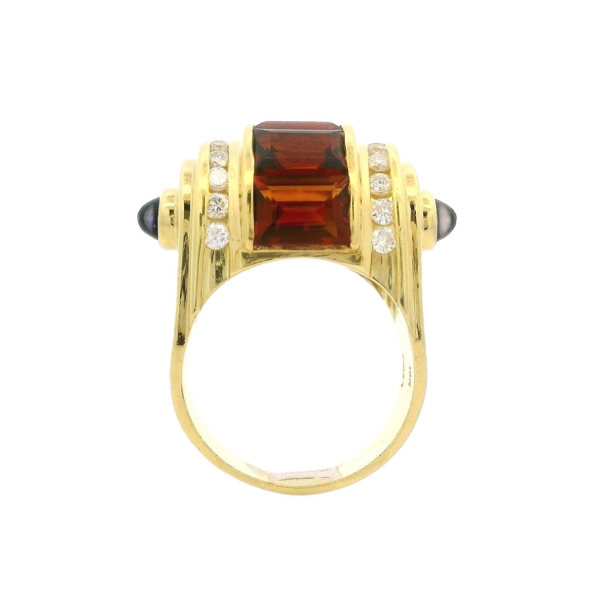 Lagos Anillo de Oro Amarillo de 18k con Diamante Citrino en Canales y Piedras Azules Corte esmeralda en venta
