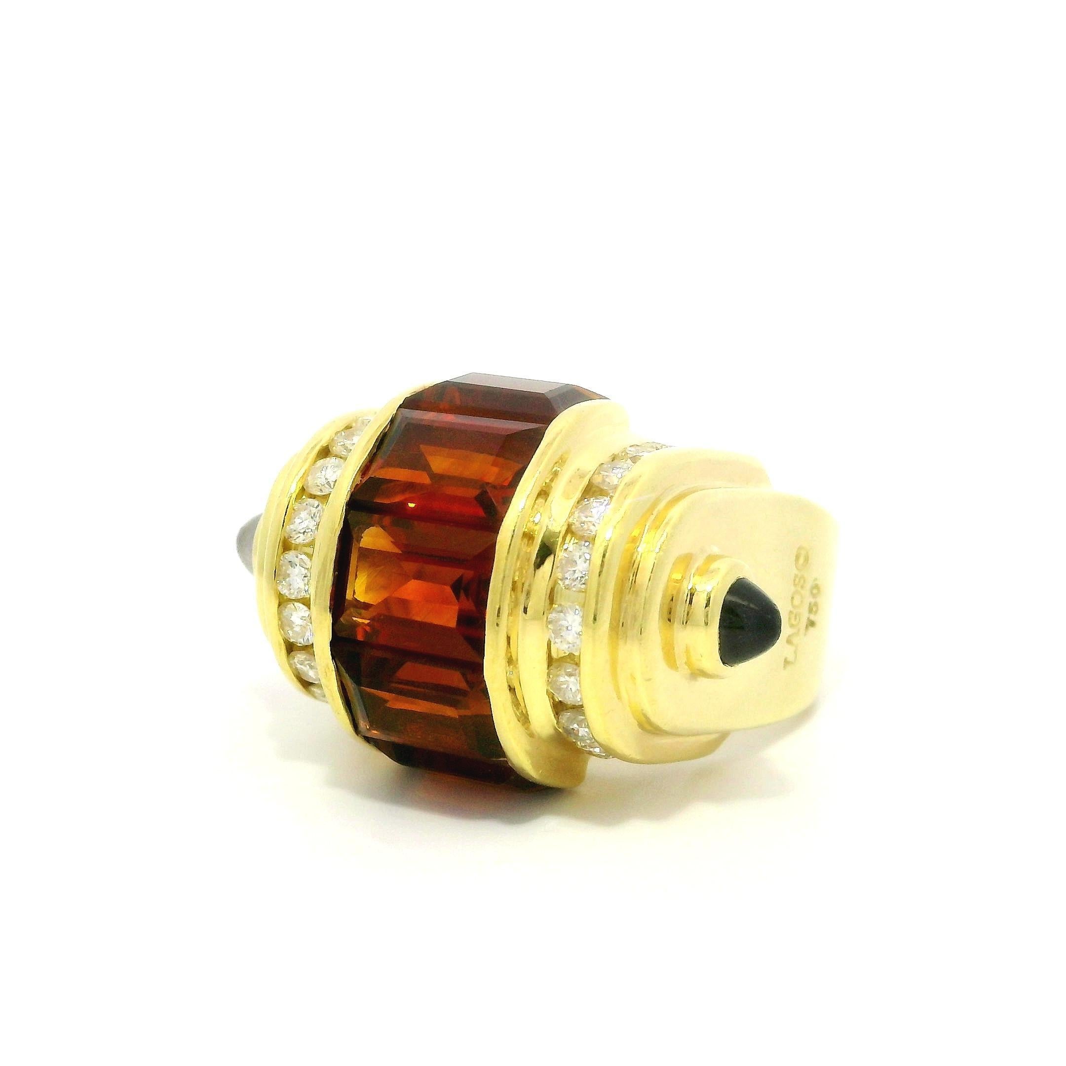 Lagos Anillo de Oro Amarillo de 18k con Diamante Citrino en Canales y Piedras Azules en venta 4