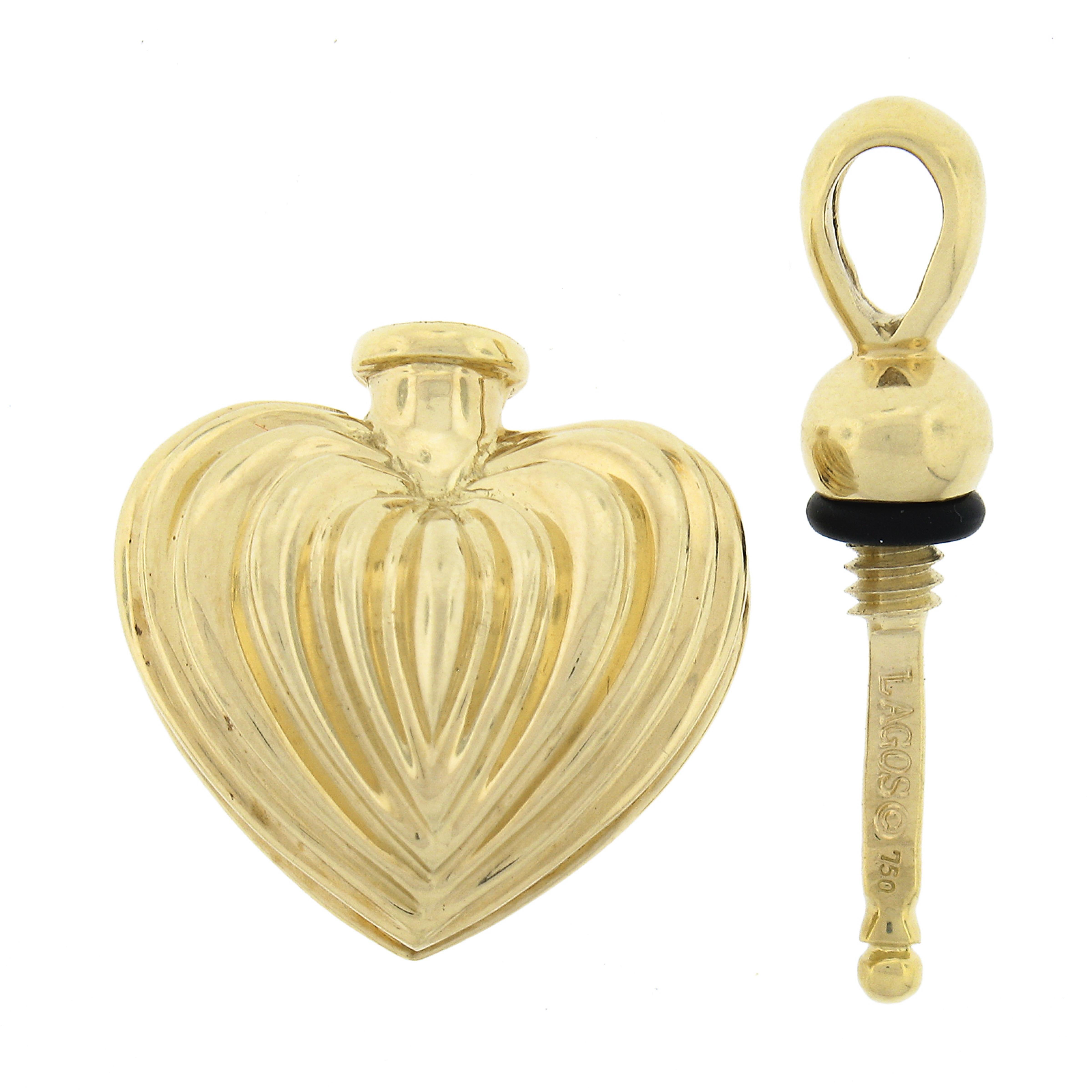 Lagos 18k Yellow Gold Fluted Puffed Heart Perfume Flask Bottle Charm Pendant In Good Condition For Sale In Montclair, NJ
