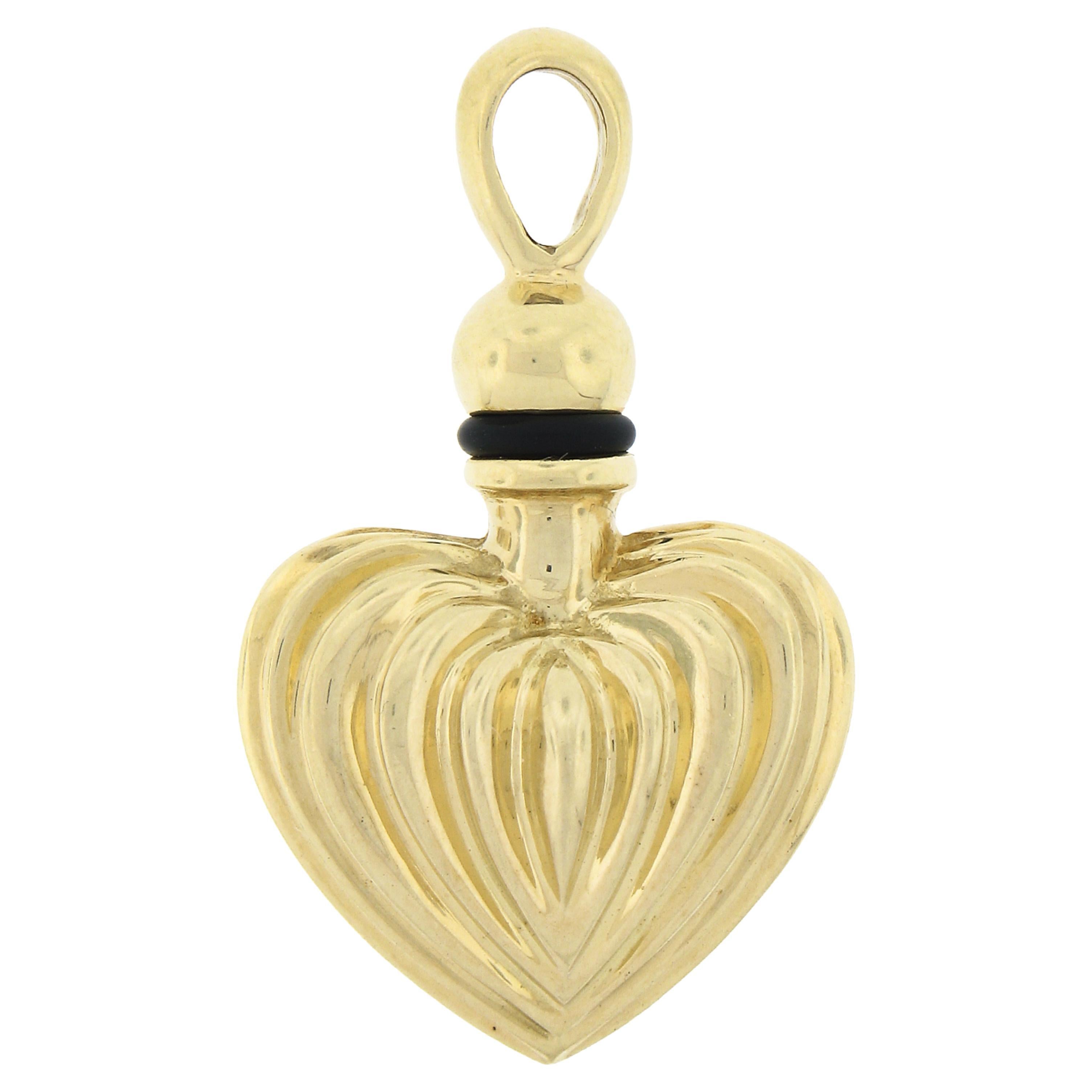Lagos 18k Yellow Gold Fluted Puffed Heart Perfume Flask Bottle Charm Pendant For Sale