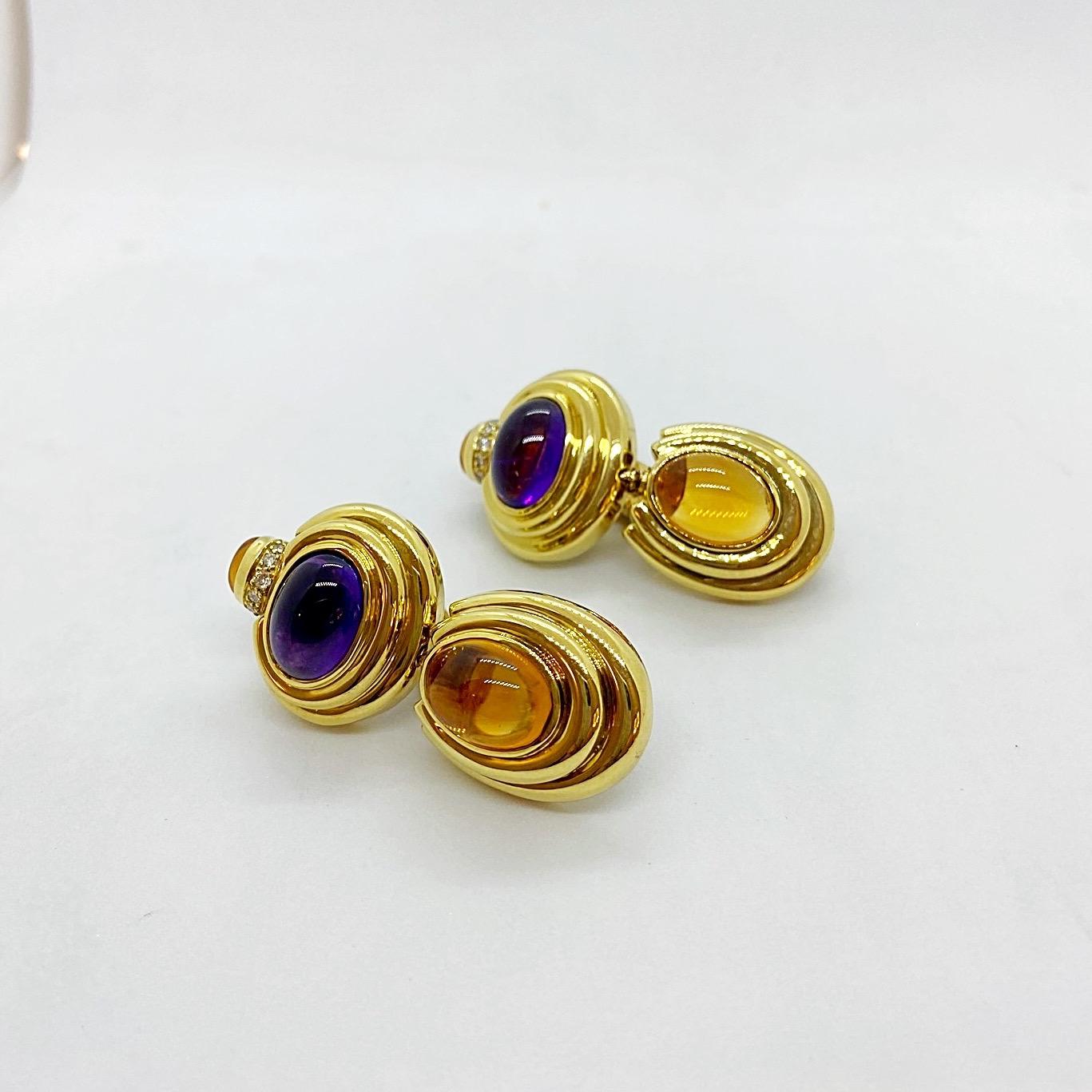 Lagos 18 Karat Yellow Gold Ear Clips with Cabochon Amethyst and Citrine In New Condition For Sale In New York, NY