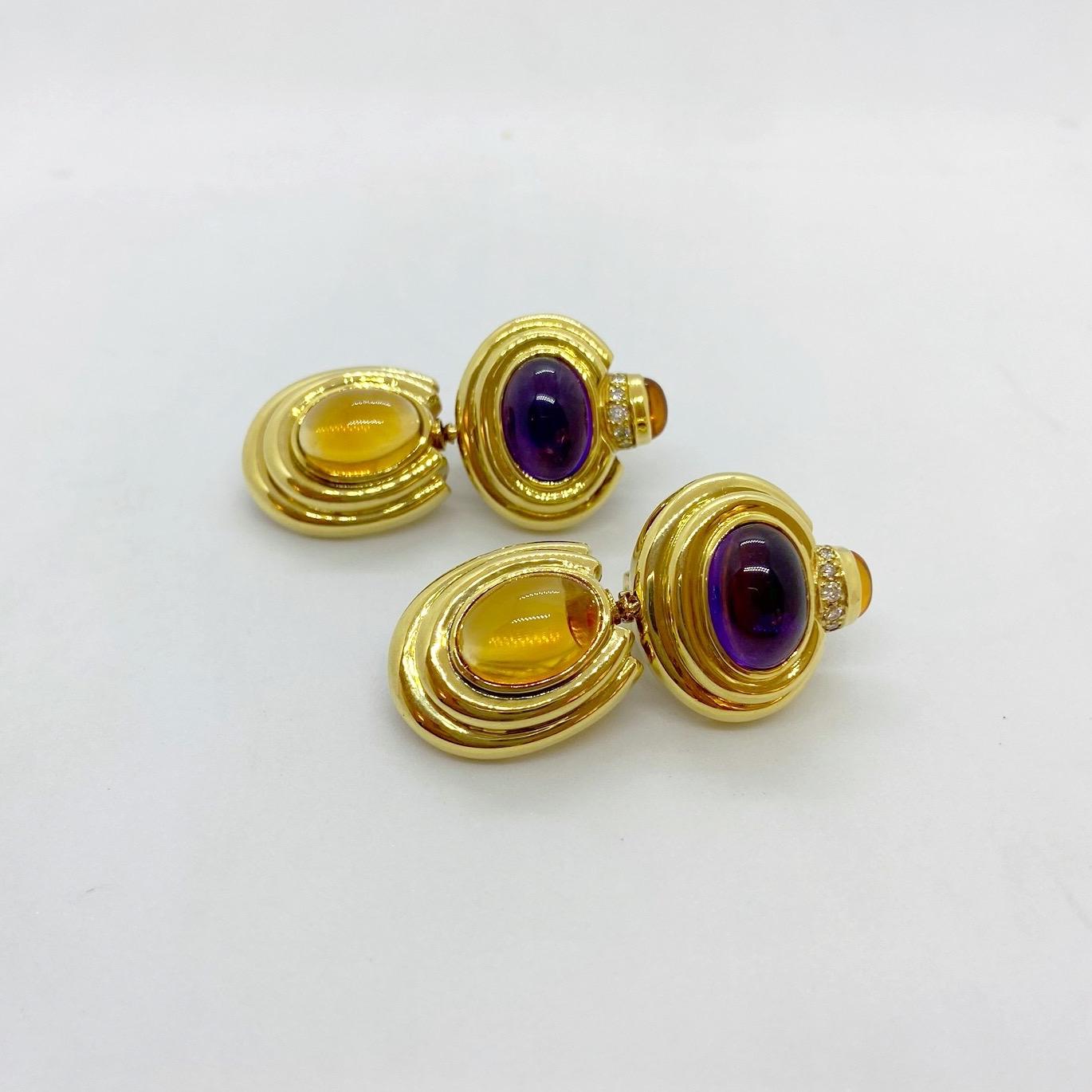 Women's or Men's Lagos 18 Karat Yellow Gold Ear Clips with Cabochon Amethyst and Citrine For Sale