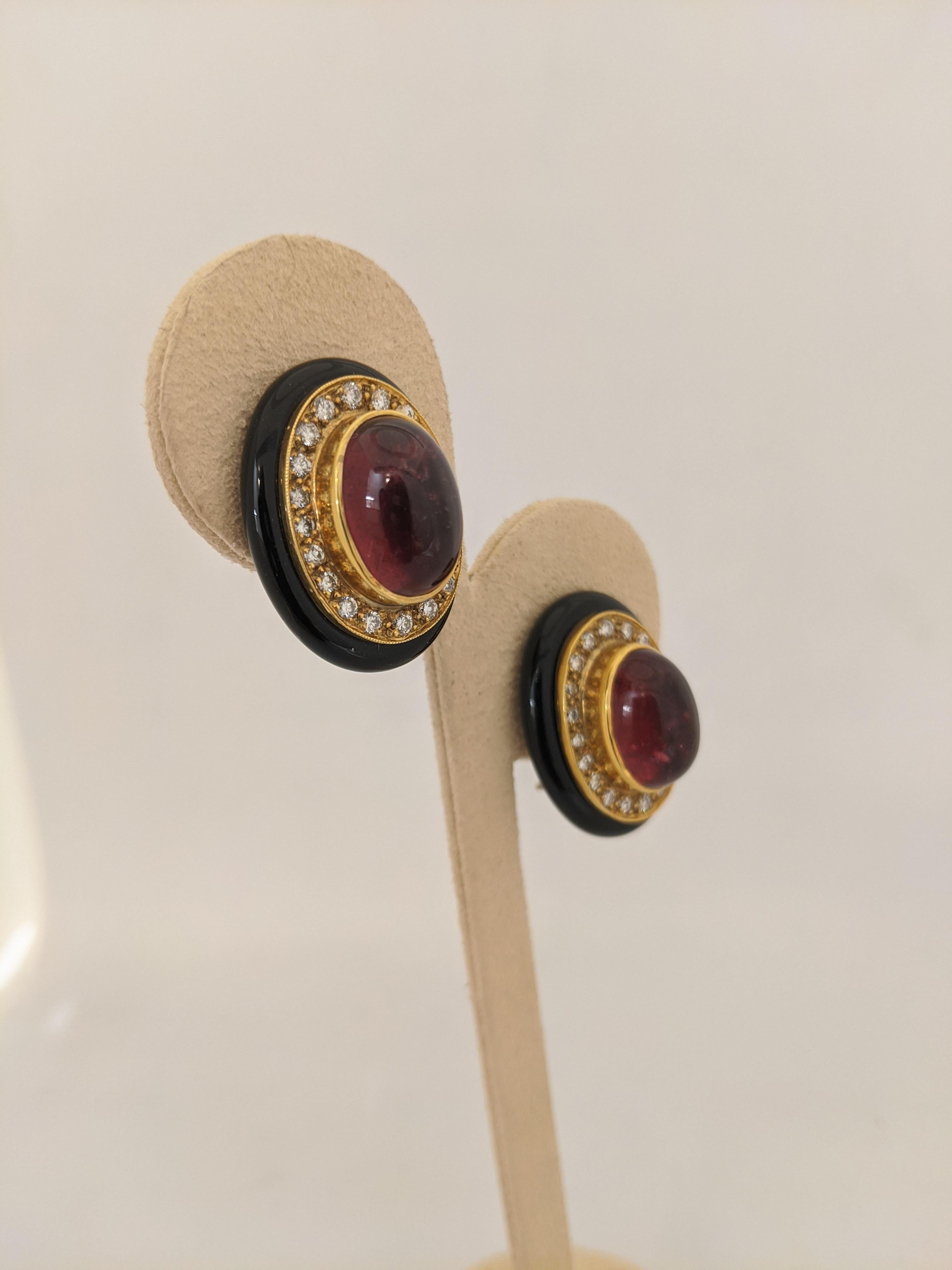 Women's or Men's Lagos 18 Karat Gold, Pink Tourmaline Earrings with Diamonds and Black Onyx For Sale