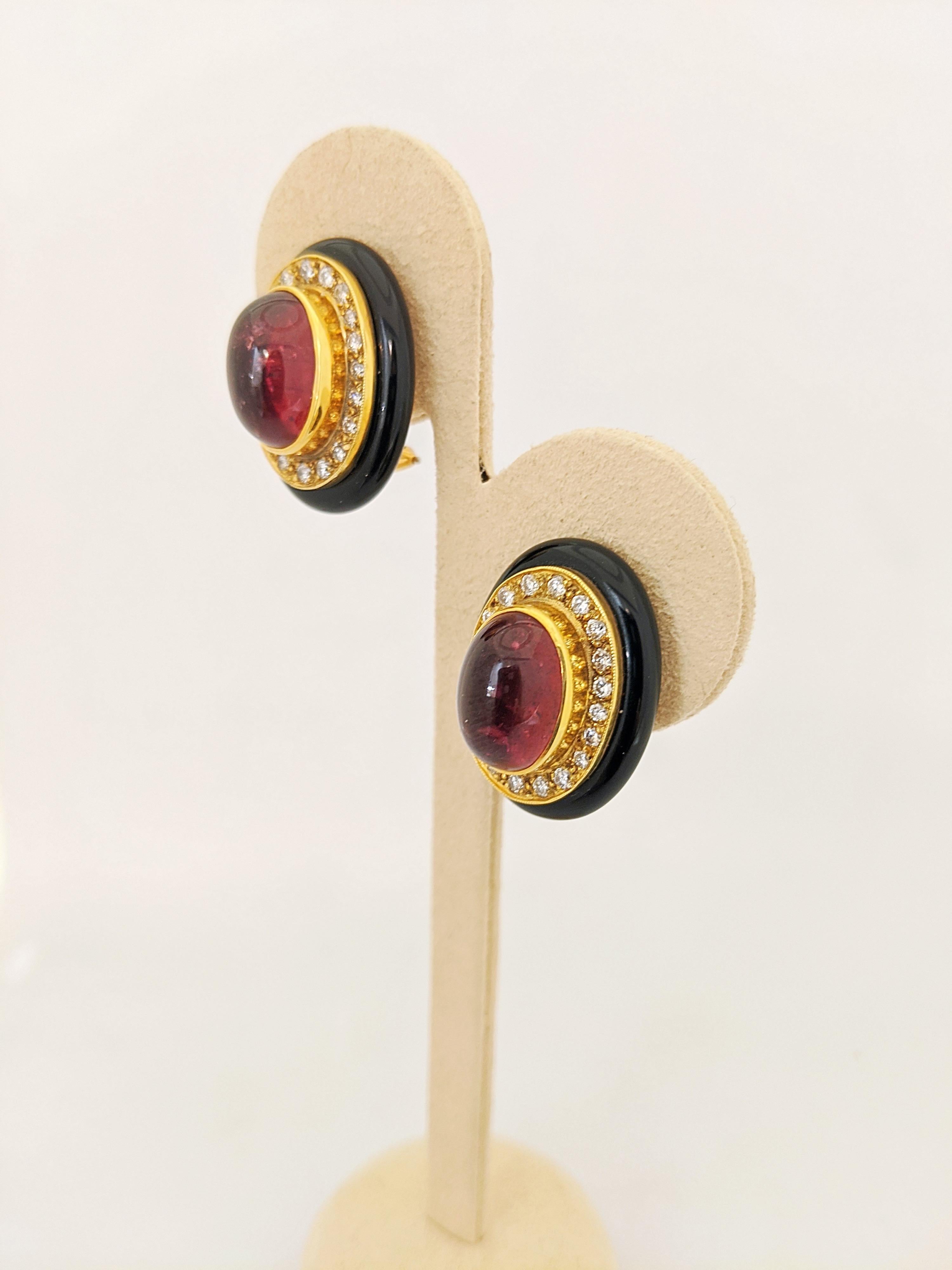 Lagos 18 Karat Gold, Pink Tourmaline Earrings with Diamonds and Black Onyx For Sale 2