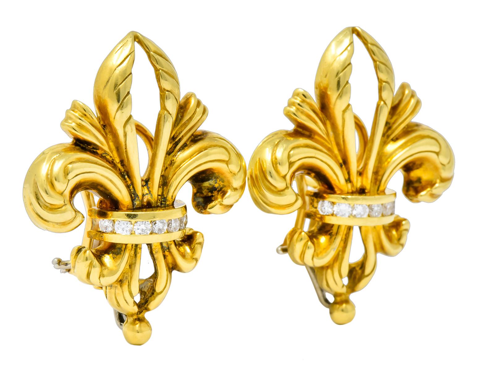 Contemporary Lagos 1990s Vintage Diamond 18 Karat Gold Fleur-De-Lis Earrings