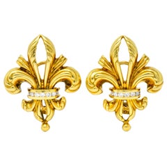 Lagos 1990s Vintage Diamond 18 Karat Gold Fleur-De-Lis Earrings