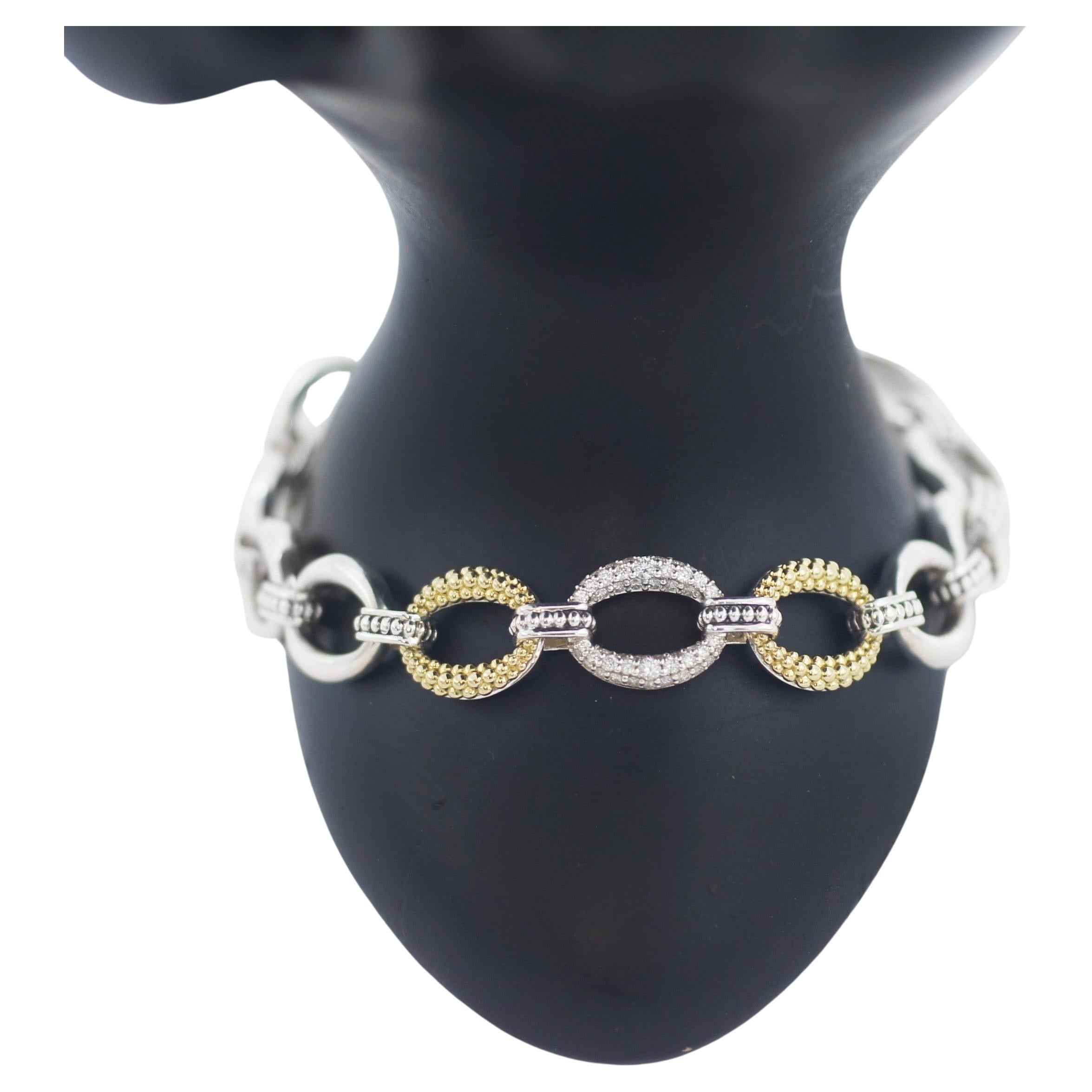 LAGOS 925 Silver 18K Gold Diamond Caviar Lux Link Bracelet For Sale