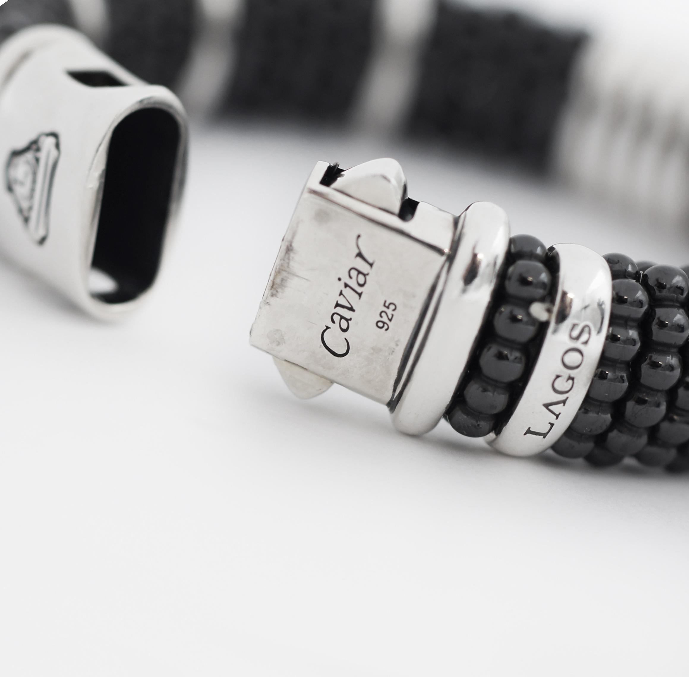 Round Cut LAGOS 925 Silver Black Caviar Ceramic Three Station Diamond Bracelet