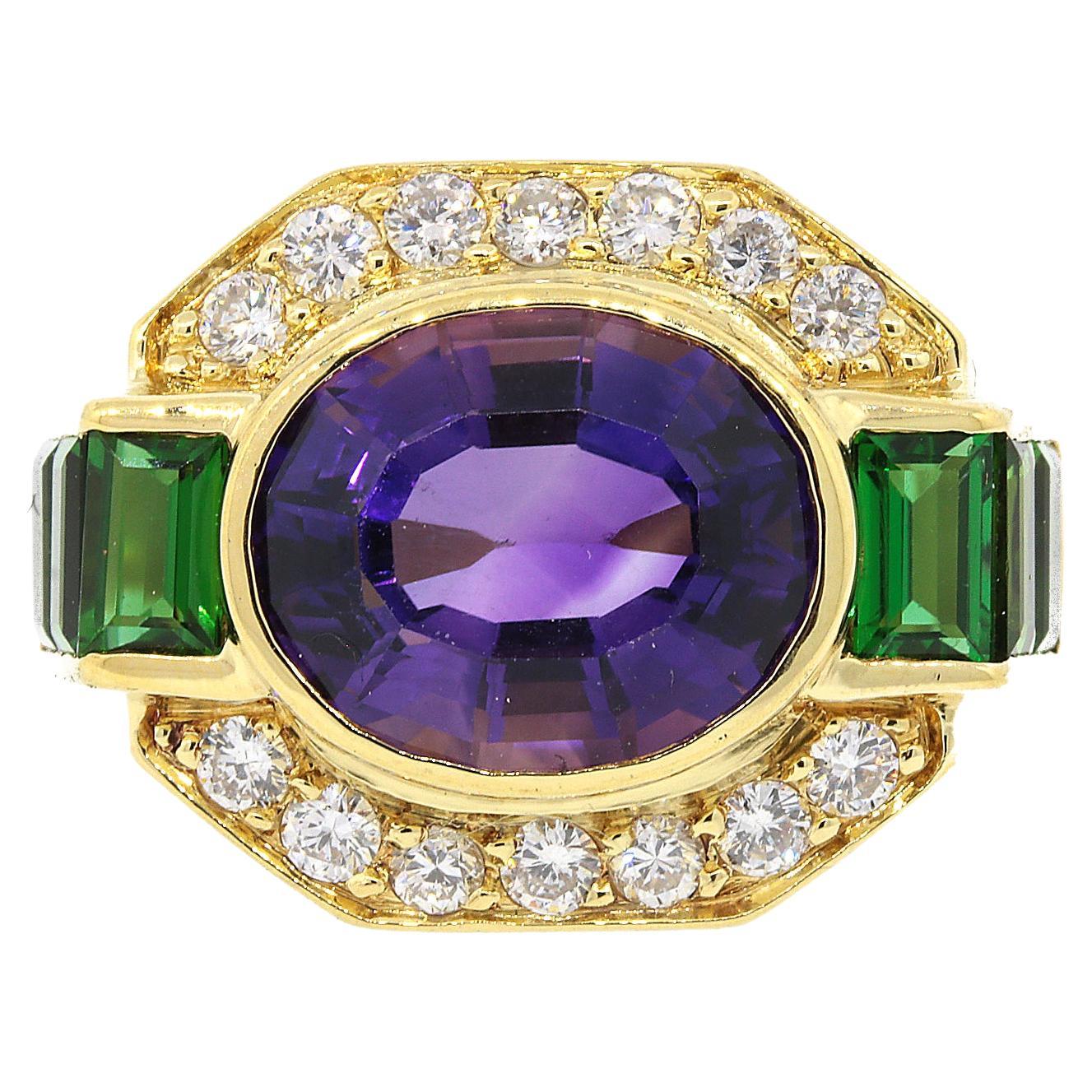 Lagos Amethyst, Tourmaline and Diamond Ring For Sale