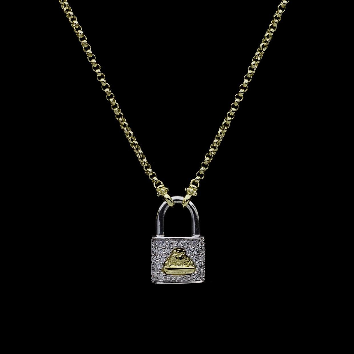 Round Cut Lagos Beloved Yellow Gold 0.12 Carat Pave Diamond Lock Pendant Necklace