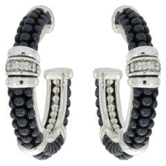 Lagos Black Caviar Sterling Silver 0.11 Carat Round Diamond Hoop Earrings