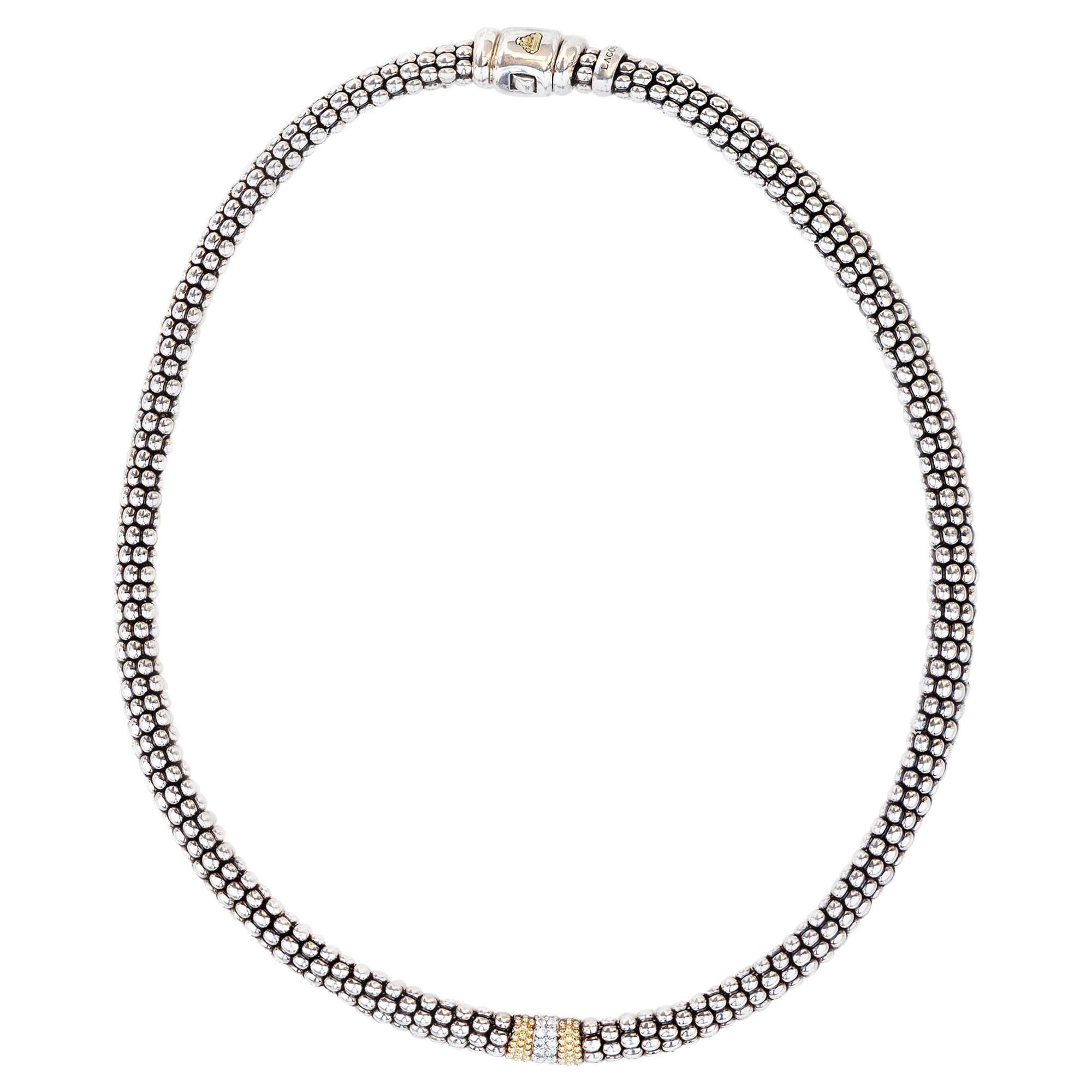 Lagos Caviar Beaded Single Station Diamond Sterling Silver 18 Karat YG Necklace For Sale