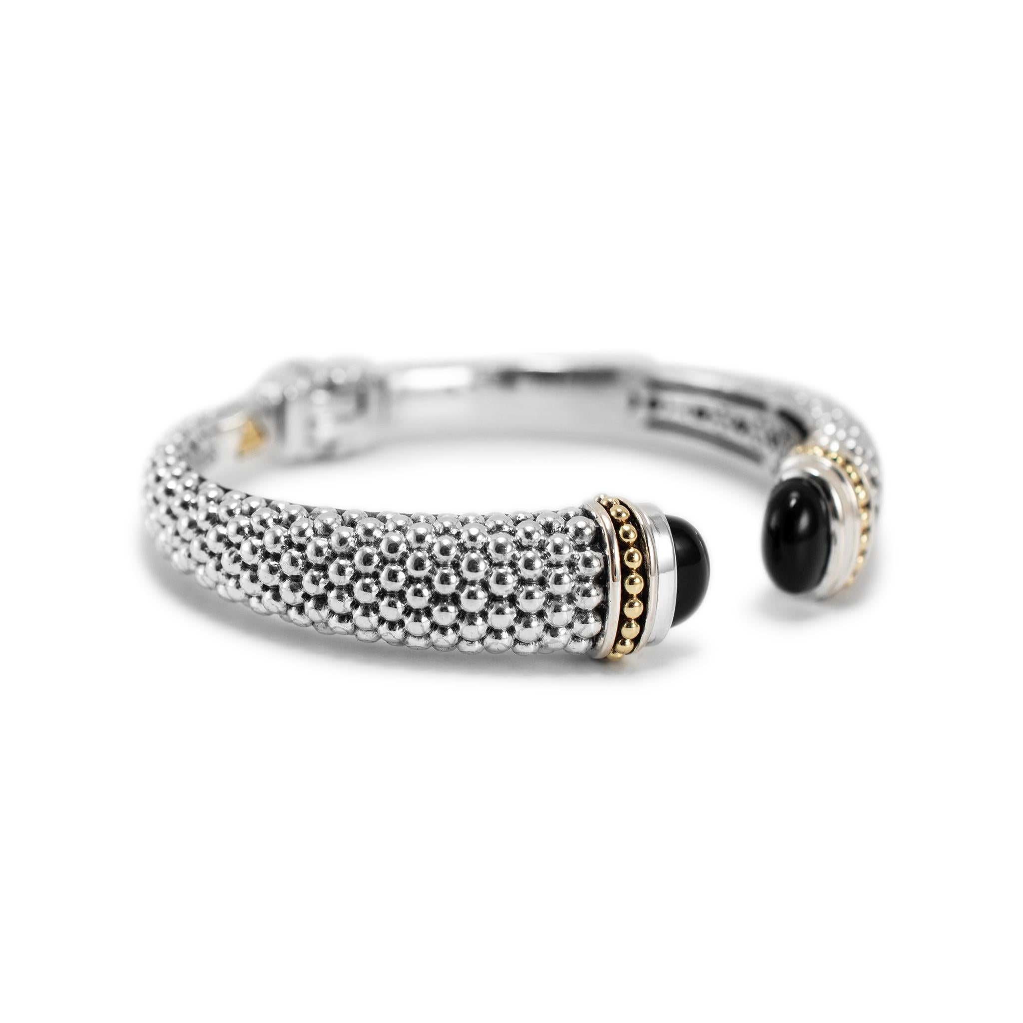 Lagos Kaviarfarbenes Manschettenarmband 925 Sterlingsilber & 18K Gelbgold Onyx (Ovalschliff) im Angebot