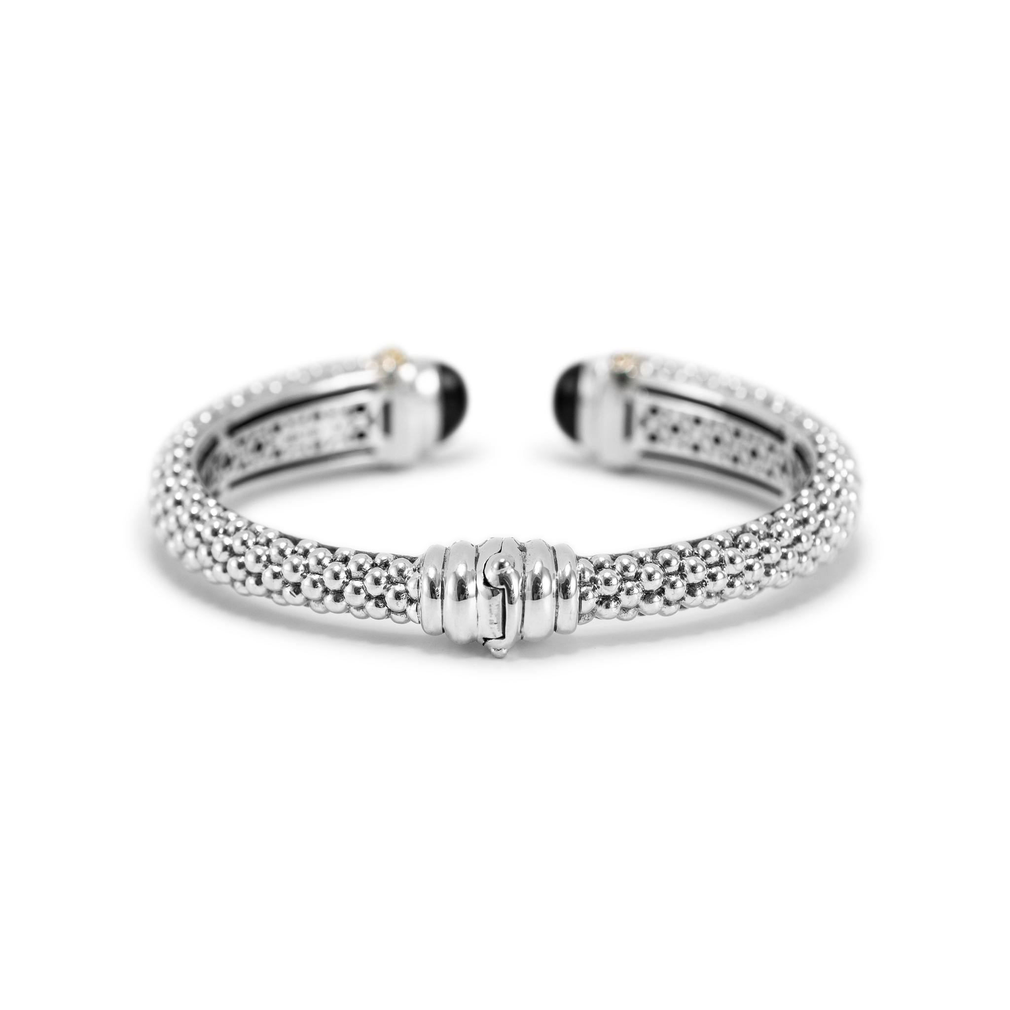Lagos Kaviarfarbenes Manschettenarmband 925 Sterlingsilber & 18K Gelbgold Onyx im Zustand „Hervorragend“ im Angebot in Houston, TX