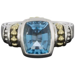 Lagos Caviar Color Gold and Silver Cushion Cut Blue Topaz Solitaire Ladies Ring