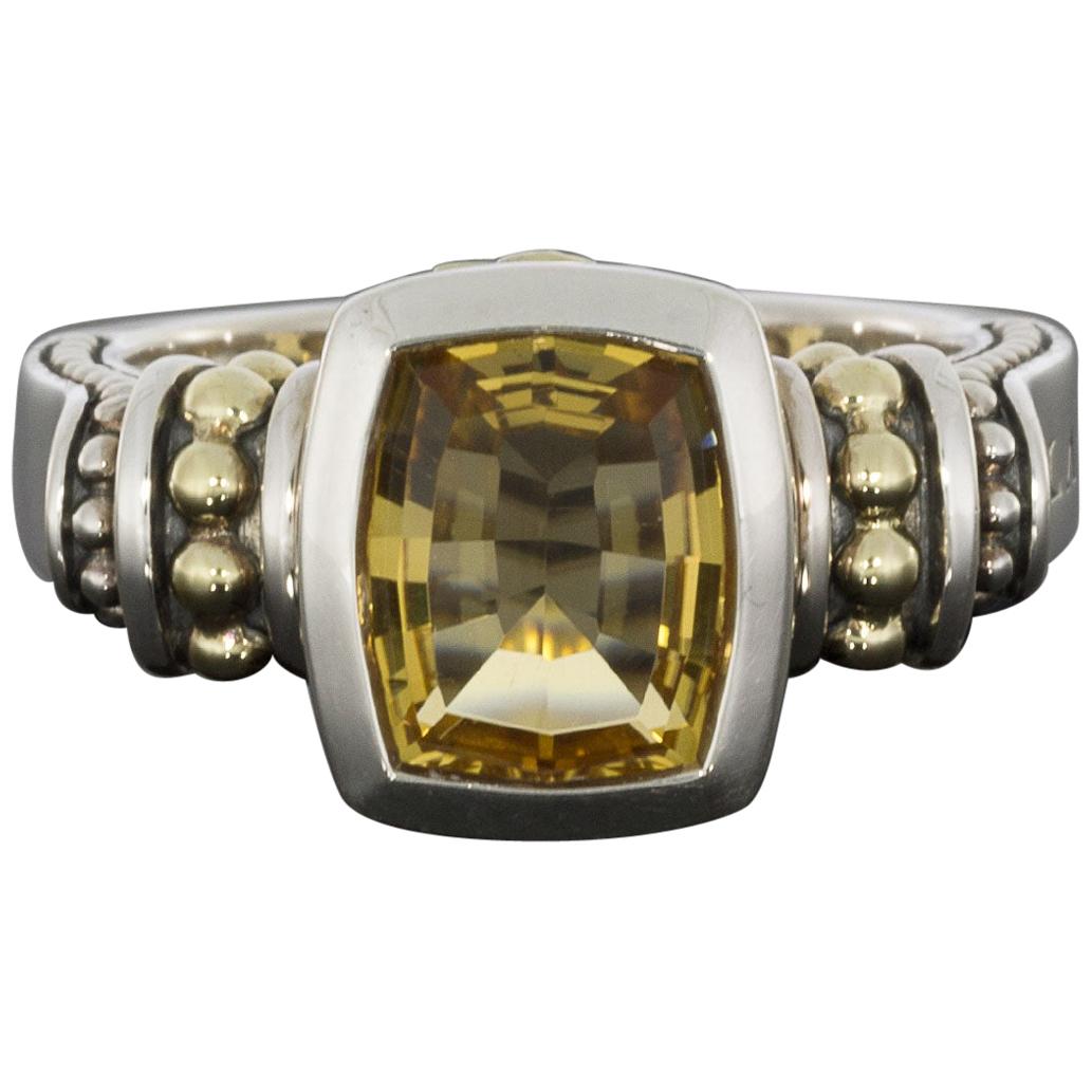 Lagos Caviar Color Gold and Silver Cushion Cut Citrine Solitaire Ladies Ring