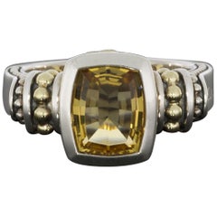 Lagos Caviar Color Gold and Silver Cushion Cut Citrine Solitaire Ladies Ring