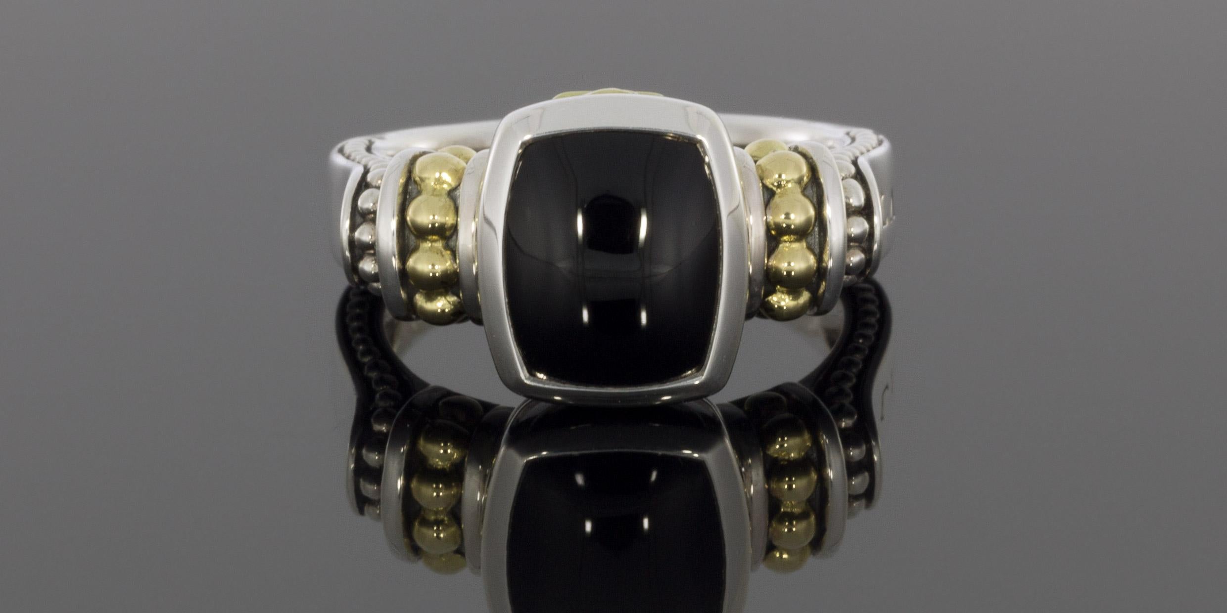 Women's Lagos Caviar Color Gold and Silver Cabochon Onyx Solitaire Ladies Ring