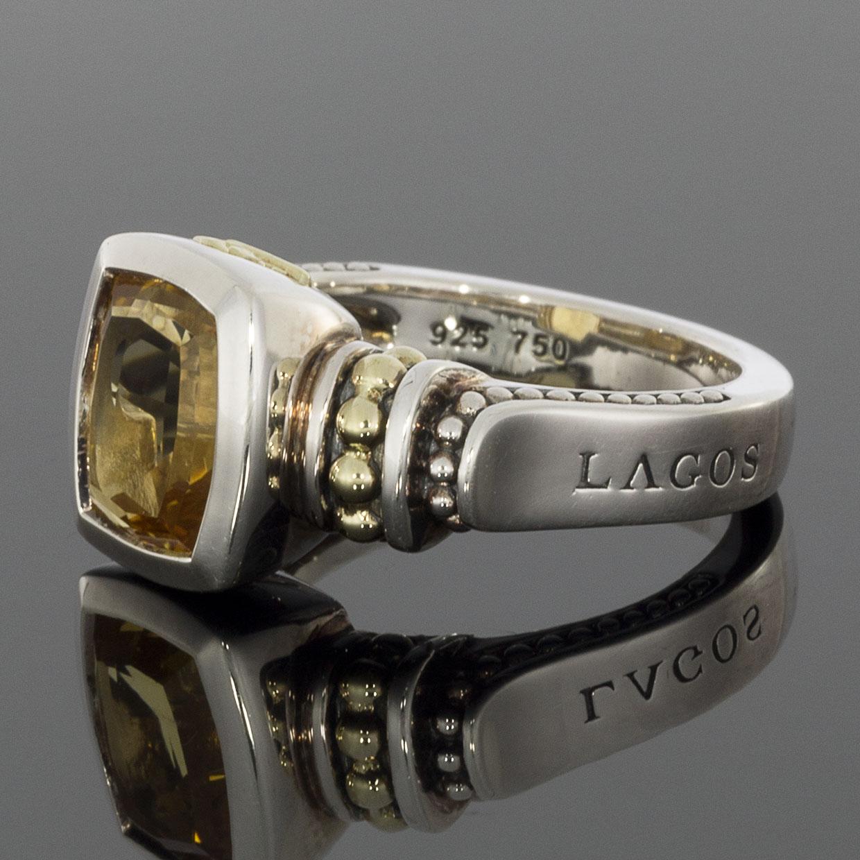 Lagos Caviar Color Gold and Silver Cushion Cut Citrine Solitaire Ladies Ring In Excellent Condition In Columbia, MO