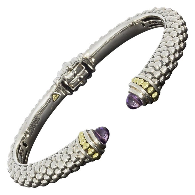 Lagos Caviar Color Silver and Gold Cabochon Amethyst Cuff Bracelet at