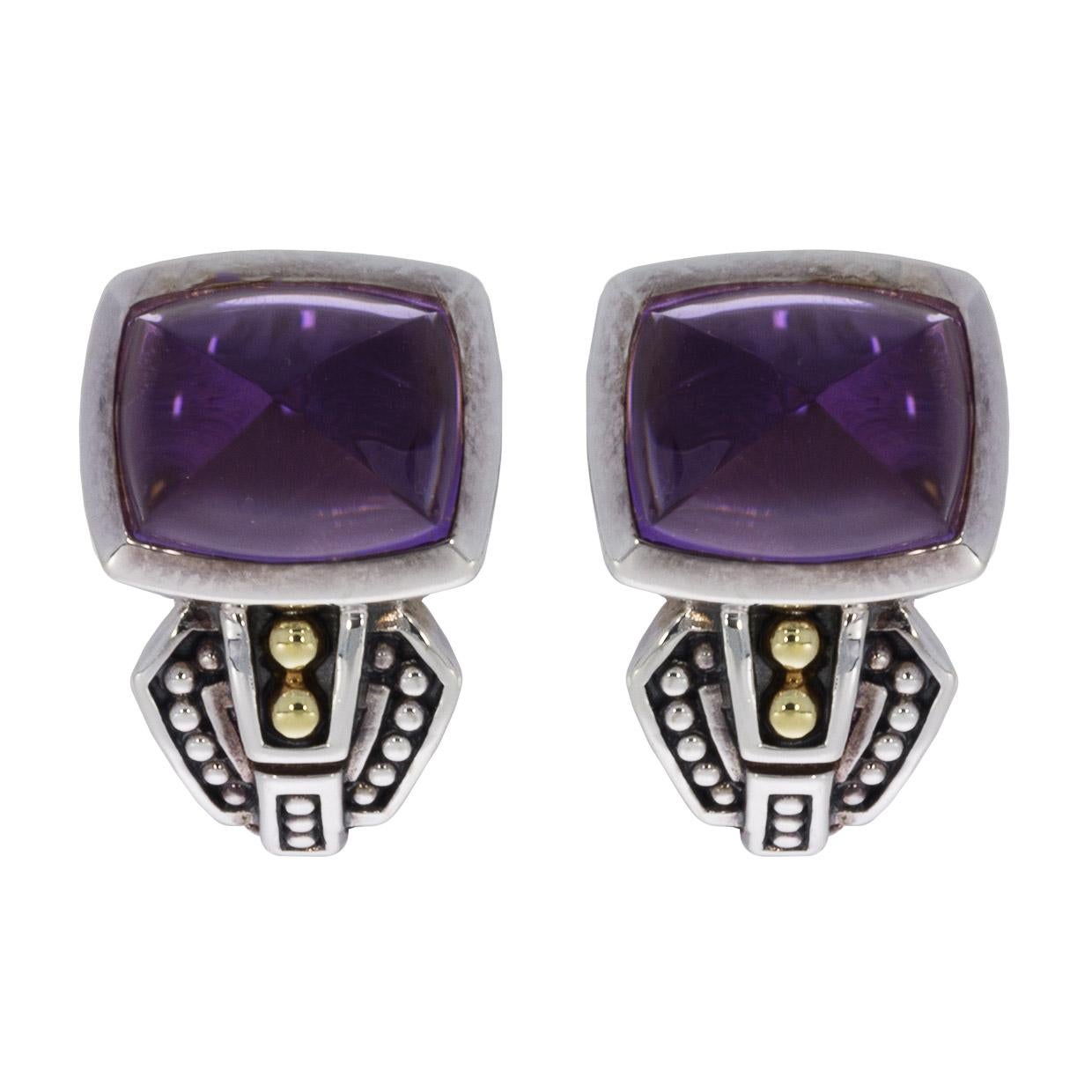 Lagos Caviar Color Silver and Gold Cabochon Amethyst Huggie Earrings In New Condition In Columbia, MO