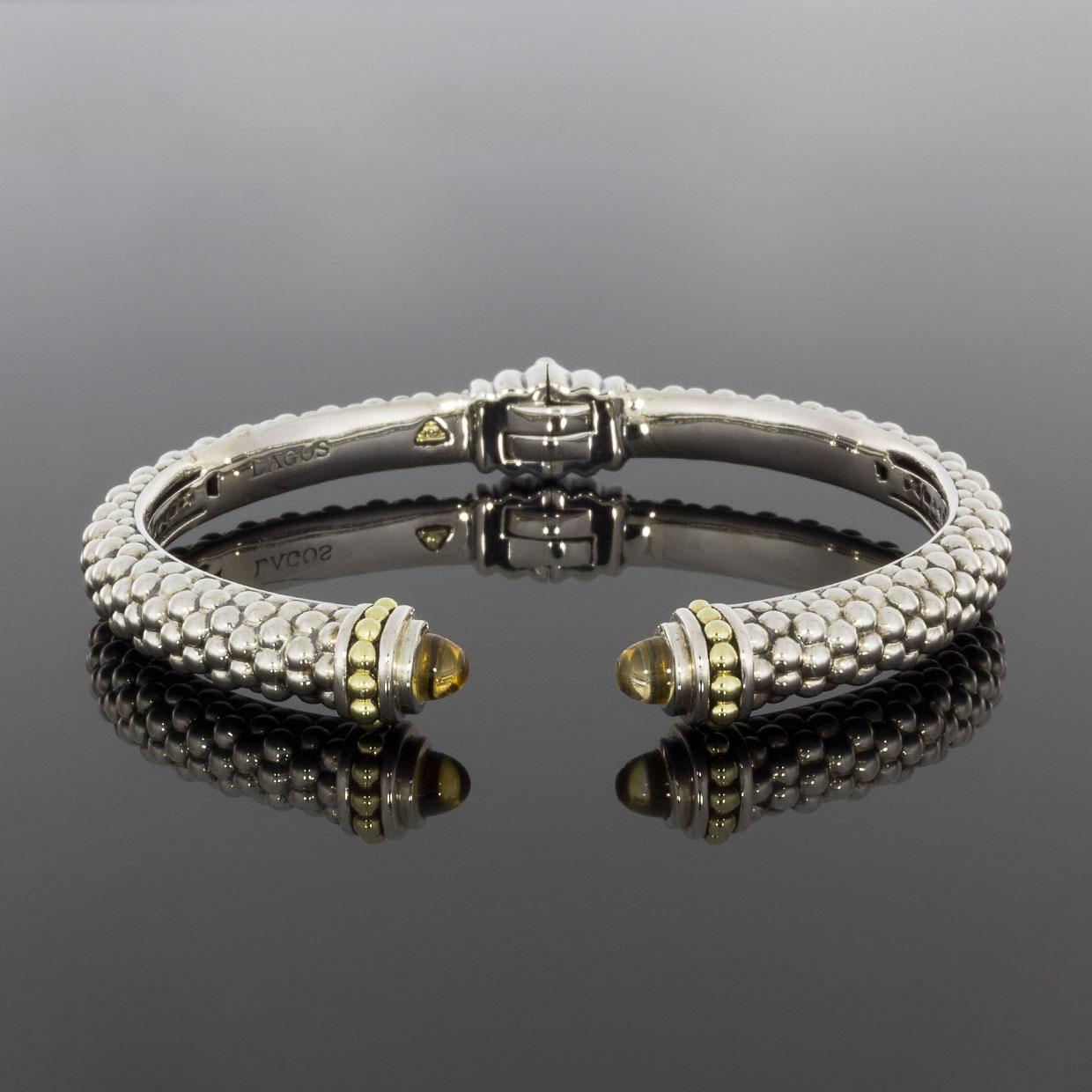 Lagos Caviar Color Silver & Gold Cabochon Citrine Cuff Bracelet In New Condition In Columbia, MO
