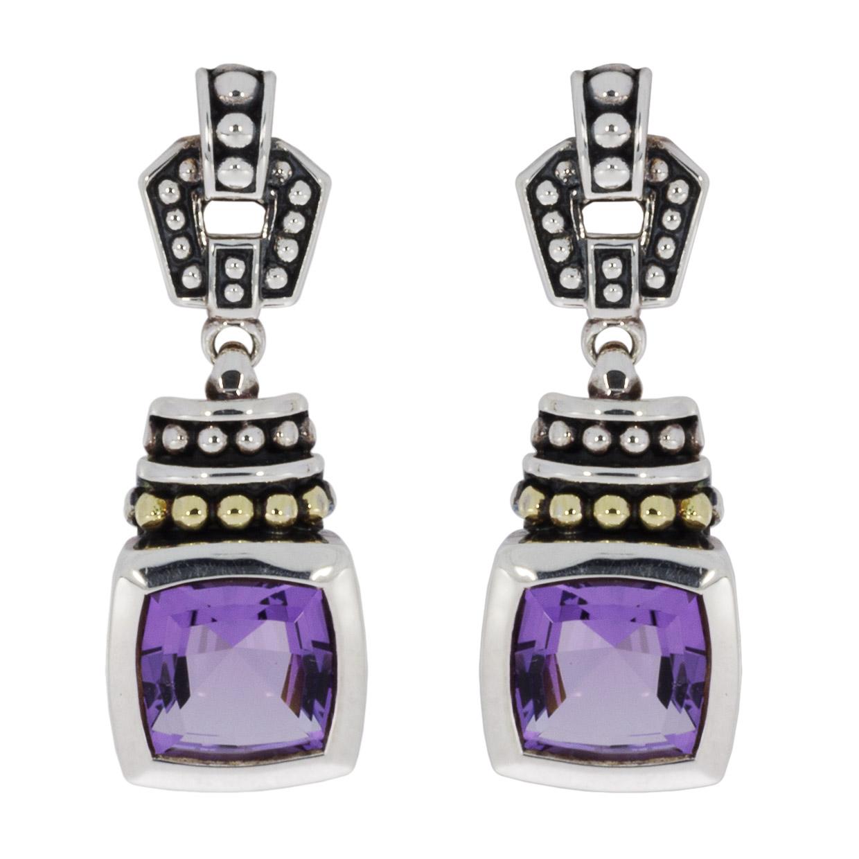Lagos Caviar Color Silver & Gold Cushion Cut Amethyst Drop/Dangle Earrings In New Condition In Columbia, MO