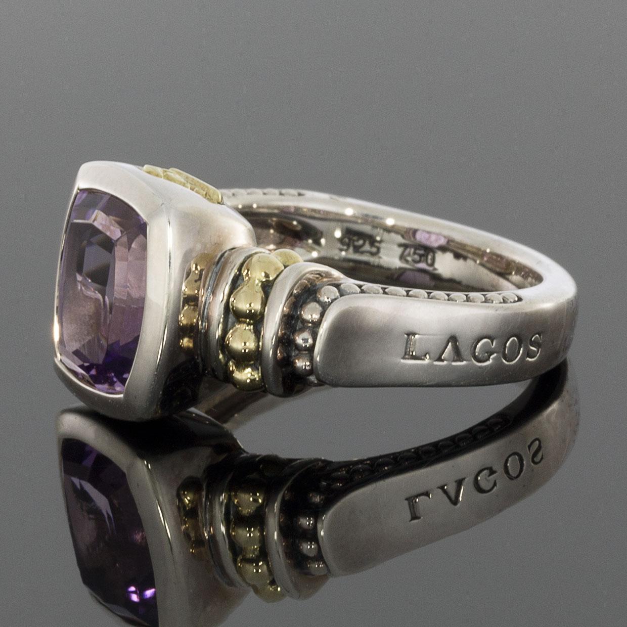 Lagos Caviar Color Silver & Gold Cushion Cut Amethyst Ring In New Condition In Columbia, MO