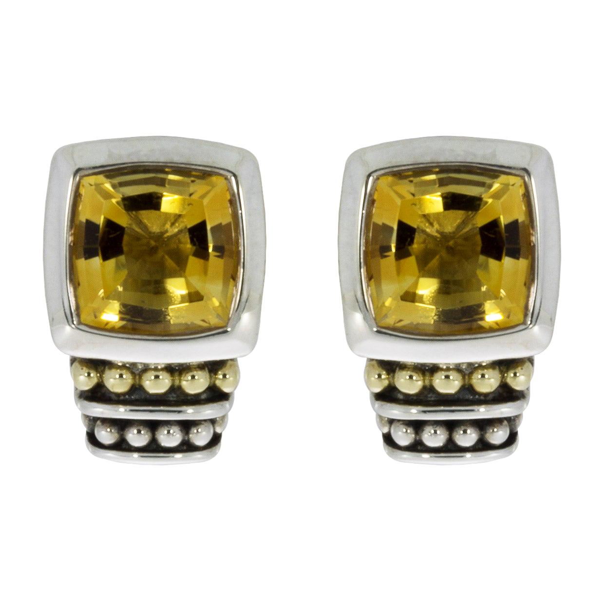 Lagos Caviar Color Silver & Gold Cushion Cut Citrine Stud Earrings