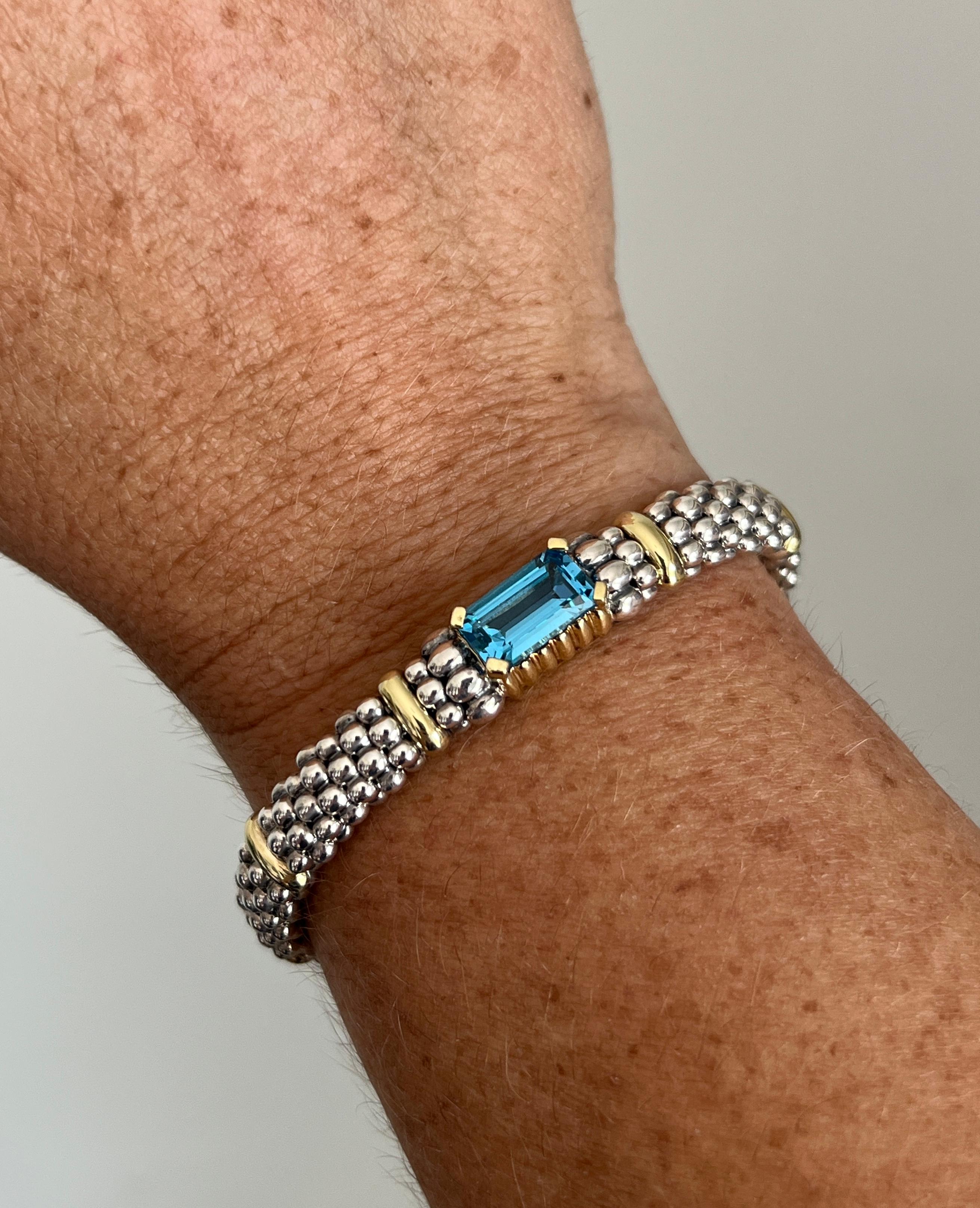 Emerald Cut Lagos Caviar Contemporary Sterling Silver and 18k Yellow Gold Topaz Bracelet For Sale