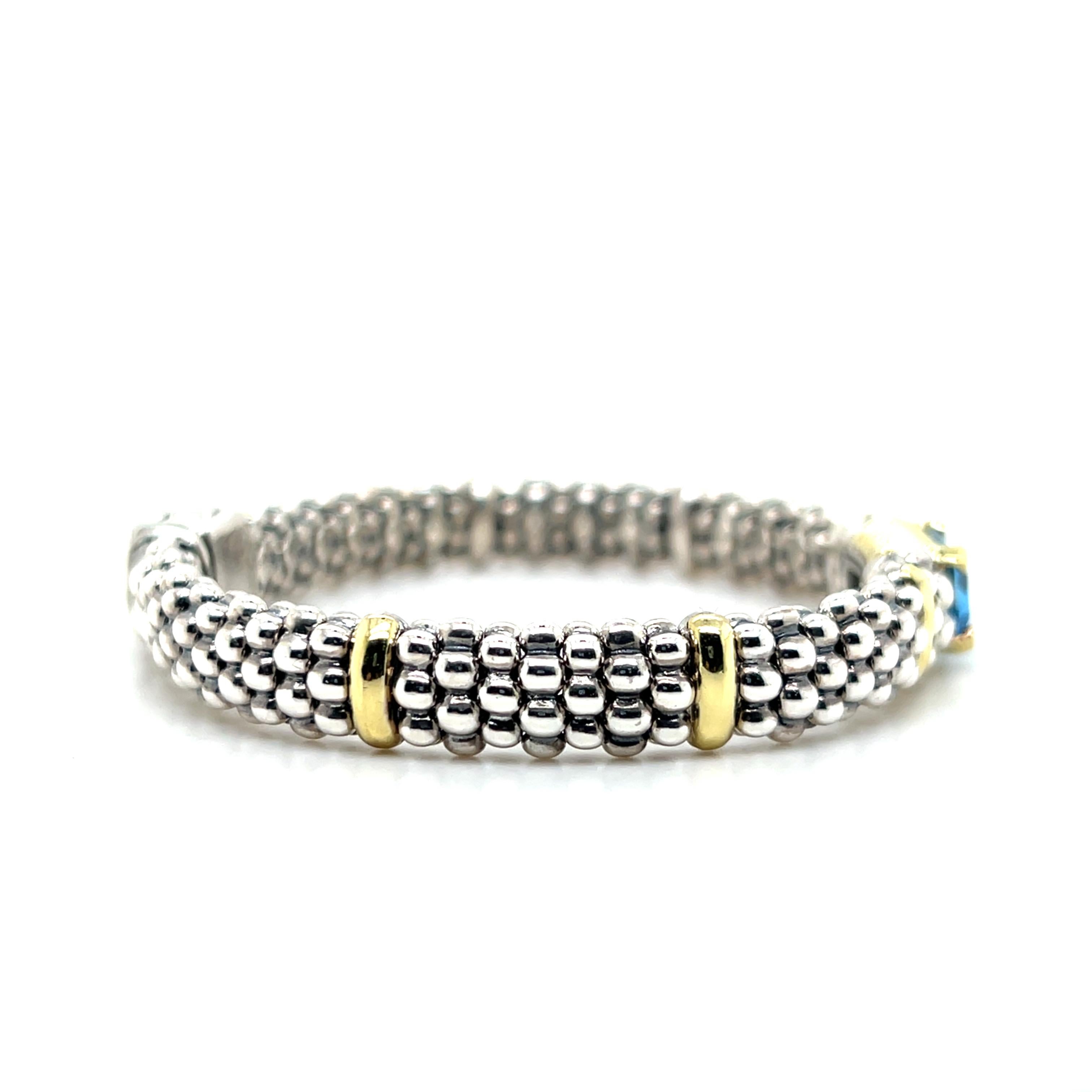 Women's or Men's Lagos Caviar Contemporary Sterling Silver and 18k Yellow Gold Topaz Bracelet For Sale