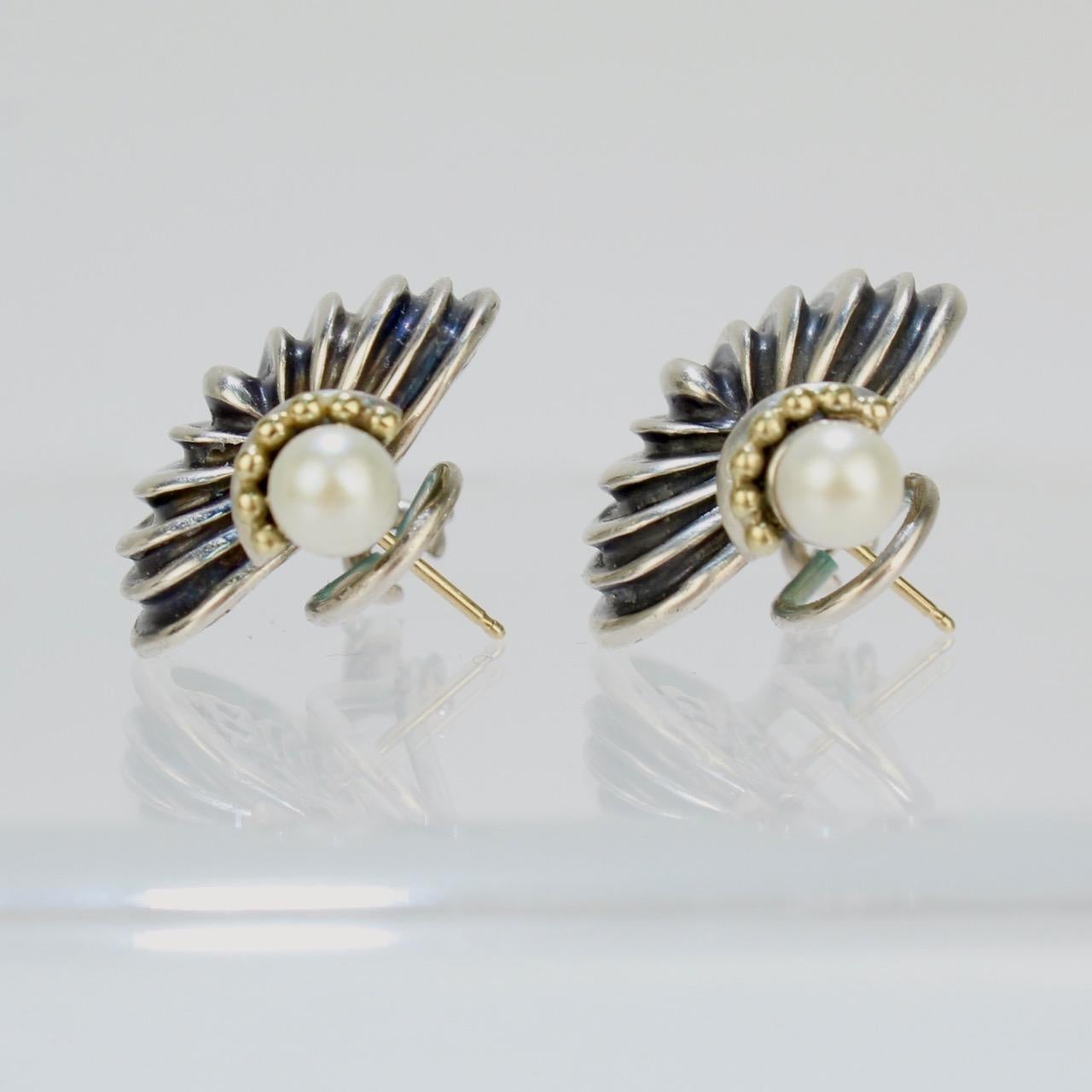 Modern Lagos Caviar Fluted Heart Sterling Silver, 18 Karat Gold and Pearl Earrings