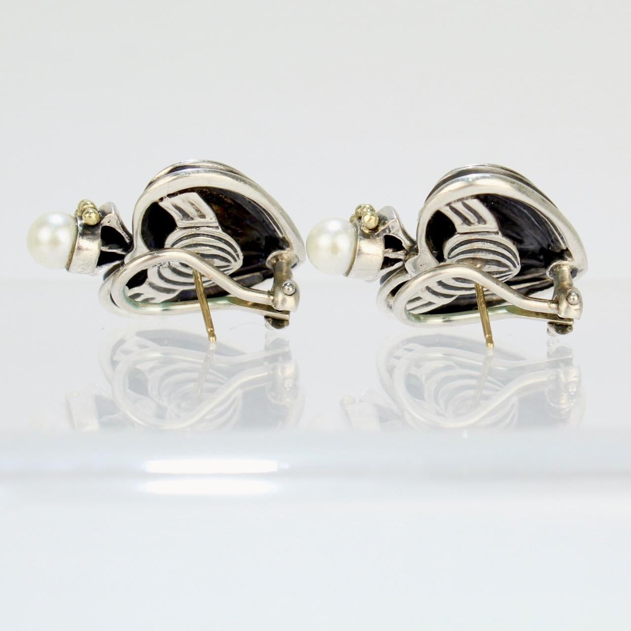 Lagos Caviar Fluted Heart Sterling Silver, 18 Karat Gold and Pearl Earrings In Good Condition In Philadelphia, PA