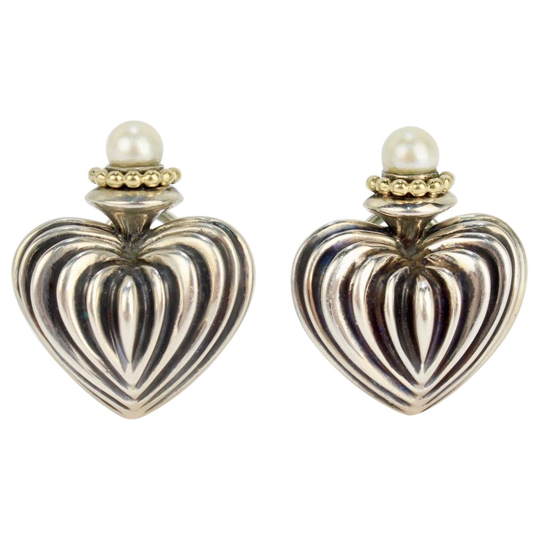 Lagos Caviar Fluted Heart Sterling Silver, 18 Karat Gold and Pearl Earrings