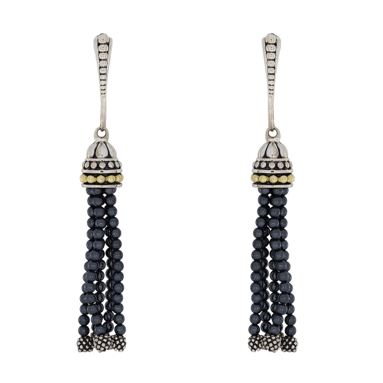Round Cut Lagos Caviar Icon Silver & Gold Hematite Beaded Tassel Drop/Dangle Earrings
