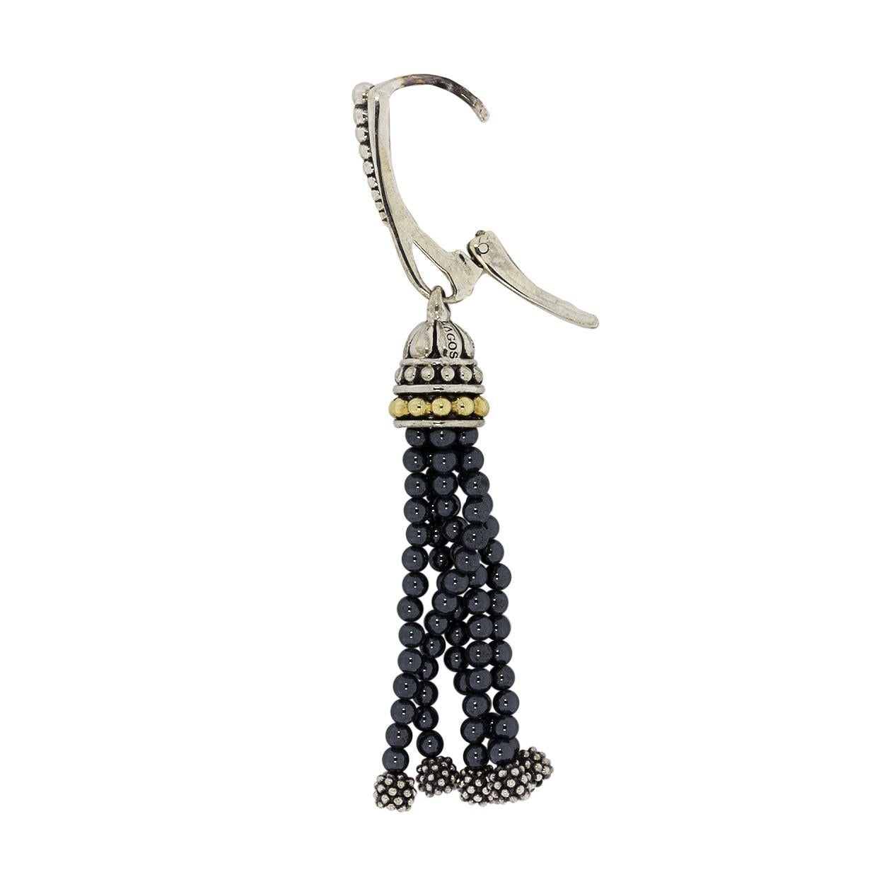 Lagos Caviar Icon Silver & Gold Hematite Beaded Tassel Drop/Dangle Earrings In New Condition In Columbia, MO