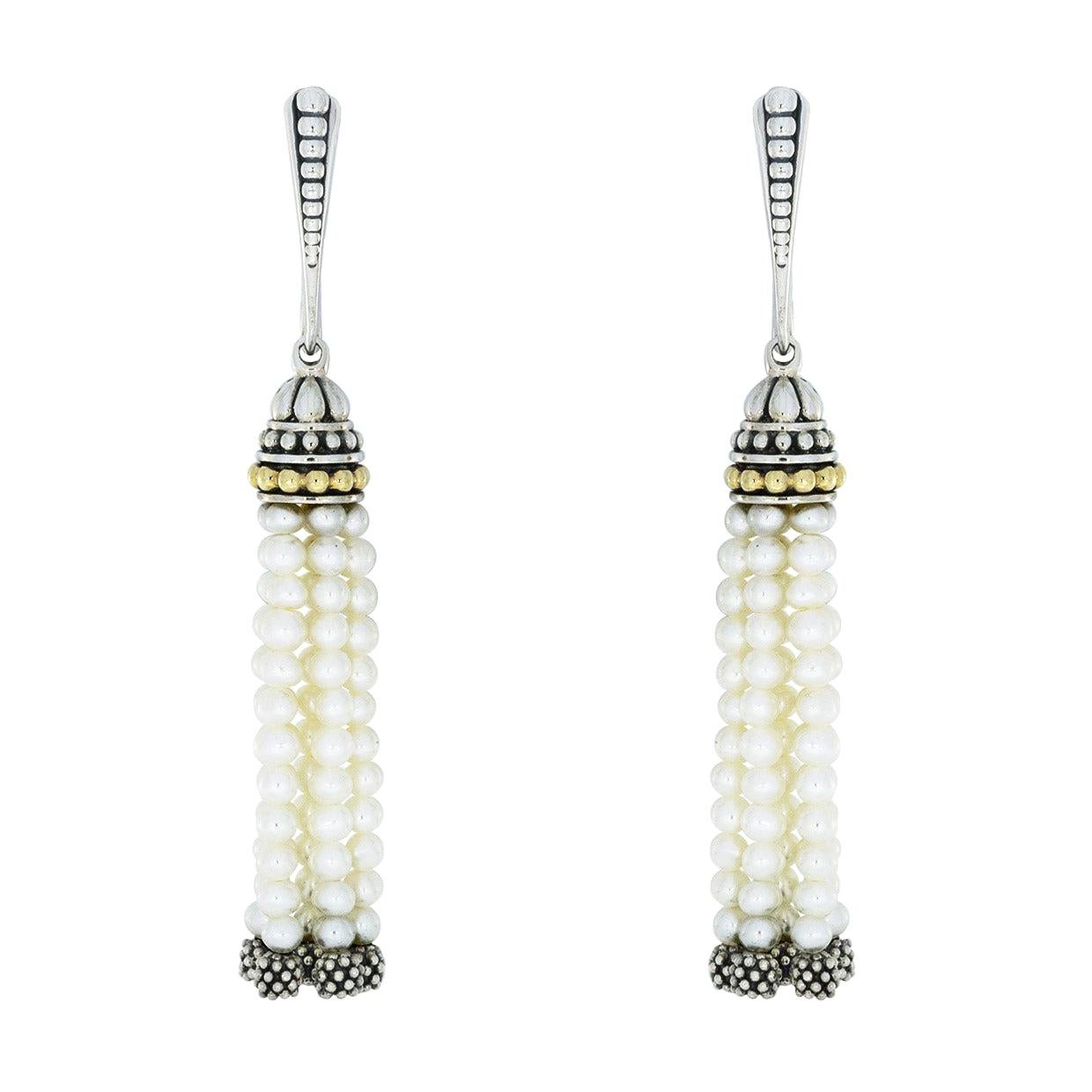 Lagos Caviar Icon Silver & Gold Pearl Tassel Drop/Dangle Earrings