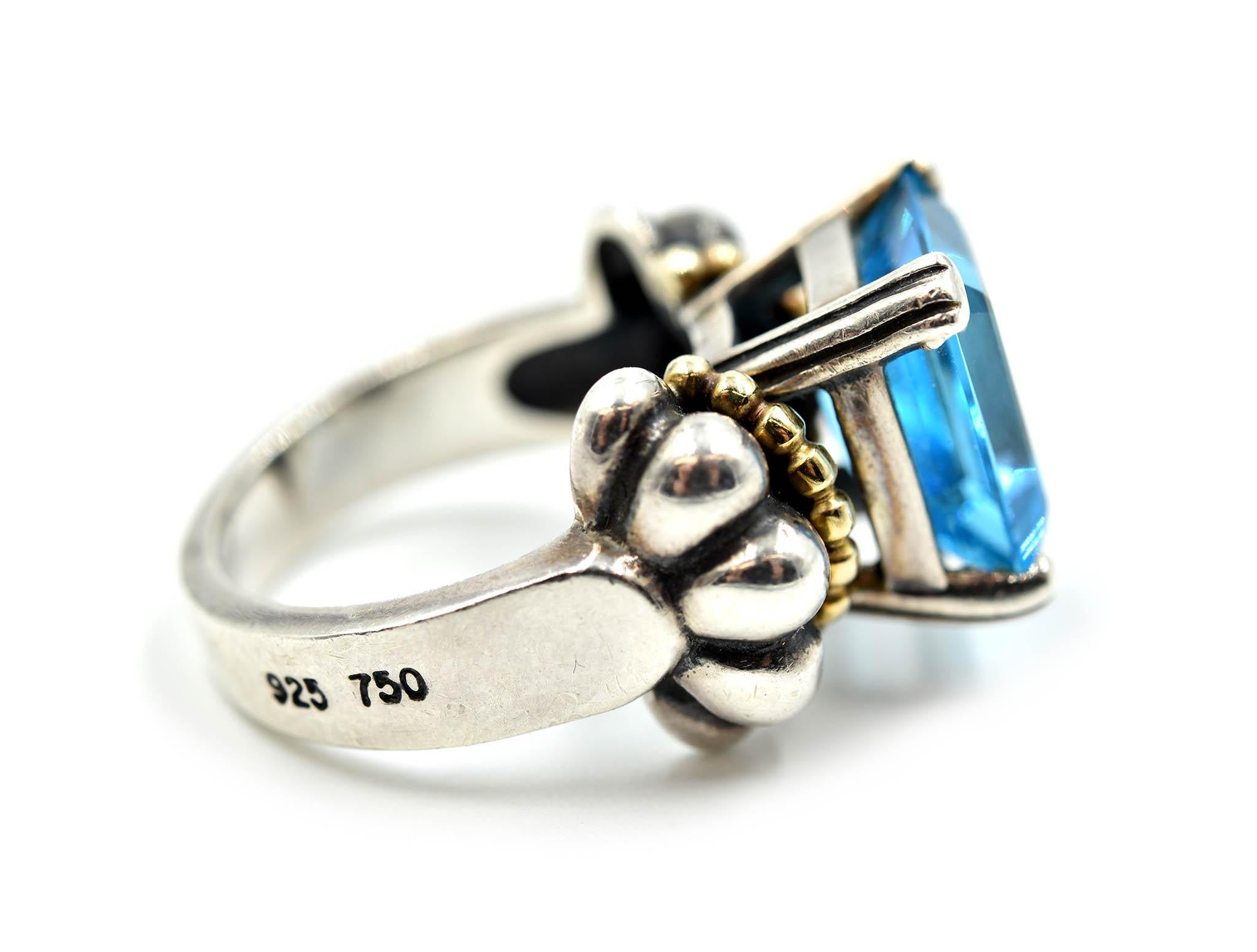 An awesome creation of jewelry by Lagos featuring a step cut blue topaz! The blue topaz measures 12.15mm long and 10.11mm wide. The blue topaz weighs 6 carats. The mounting is made with sterling silver and 18k yellow gold. Band size is 6.5 and total