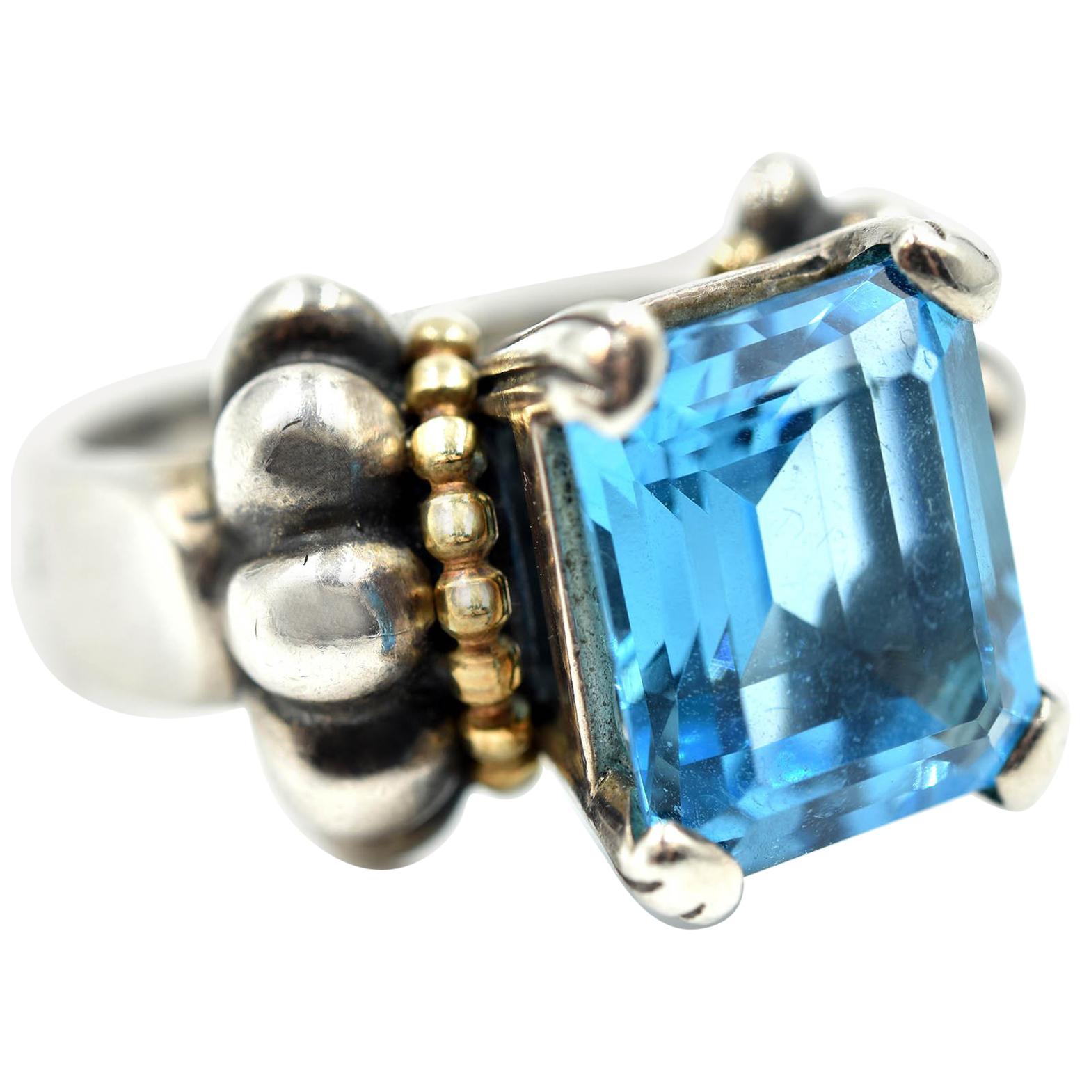 Lagos Caviar Ladies Sterling Silver and 18 Karat Yellow Gold Blue Topaz Ring