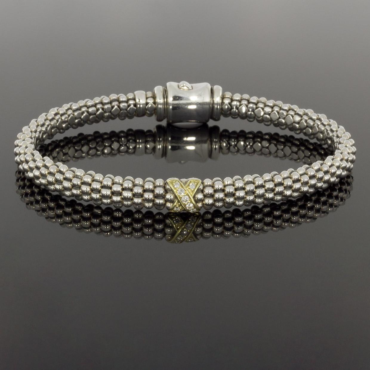Lagos Caviar Lux Gold and Silver 0.07 Carat Round Diamond Beaded Bracelets In Excellent Condition In Columbia, MO