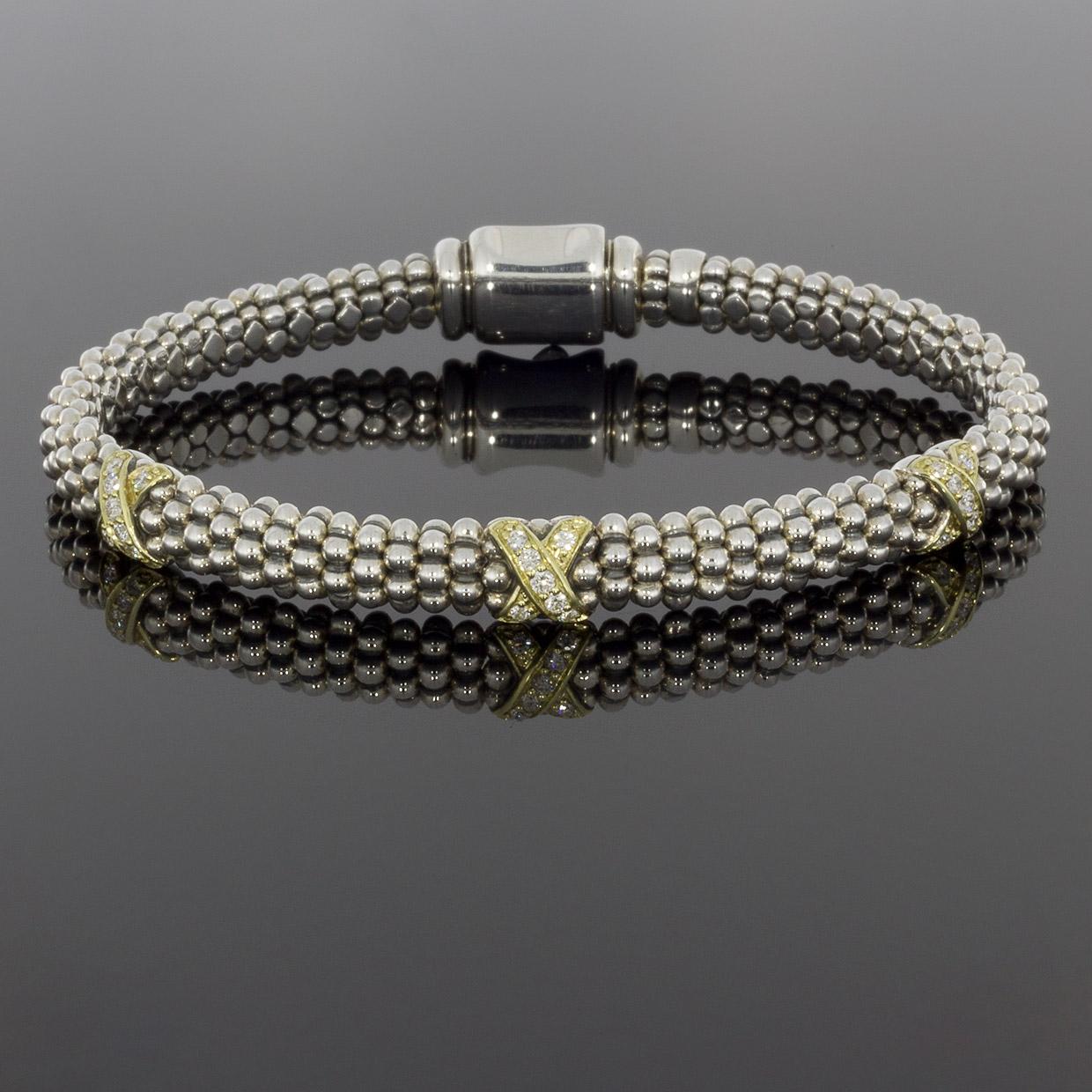 Lagos Caviar Lux Sterling Silver 0.21 Carat Round Diamond Beaded Bracelets In Excellent Condition In Columbia, MO