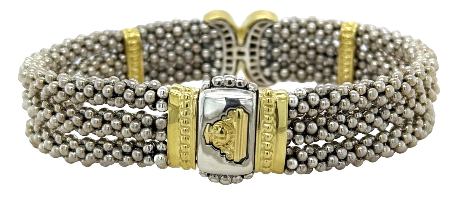 Lagos Caviar Lux - Bracciale con diamanti a tre fili in oro giallo 18 carati e A. Silver

Questo squisito braccialetto dell'iconica collezione Lagos Caviar Lux è caratterizzato da tre fili di argento sterling testurizzato con dettagli in oro giallo