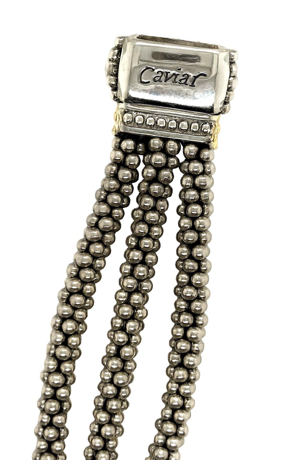 Taglio rotondo Lagos Caviar Lux Bracciale con diamanti a tre fili in oro giallo 18 carati e argento in vendita