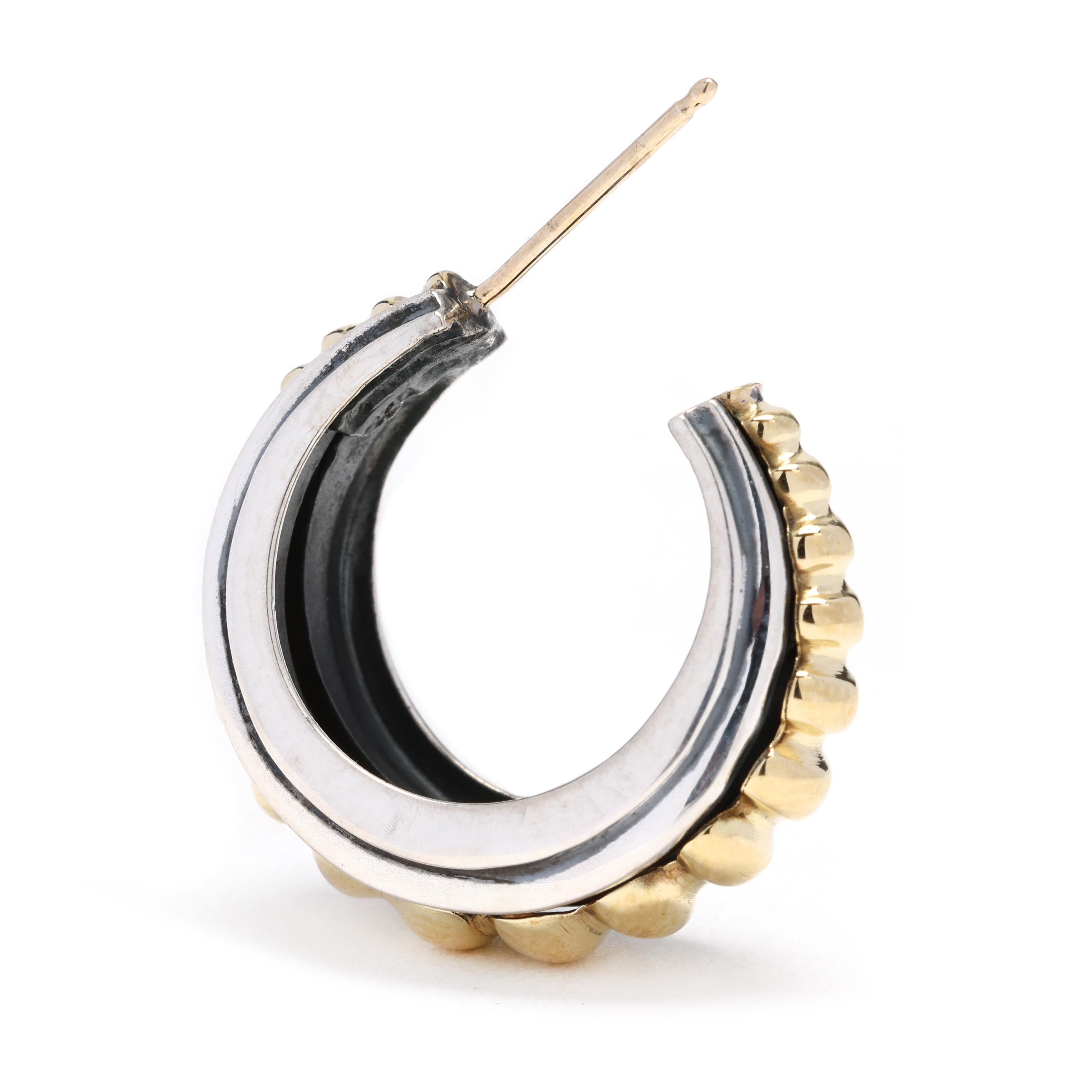 Lagos Caviar Ribbed Hoops, Sterling Silver 18k Yellow Gold, Thick Design In Good Condition In McLeansville, NC
